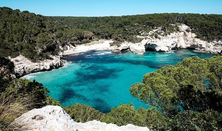 Vue en hauteur d'une crique isolée avec une eau turquoise, une plage de sable et des falaises blanches, entourée d'une forêt verdoyante sous un ciel clair.