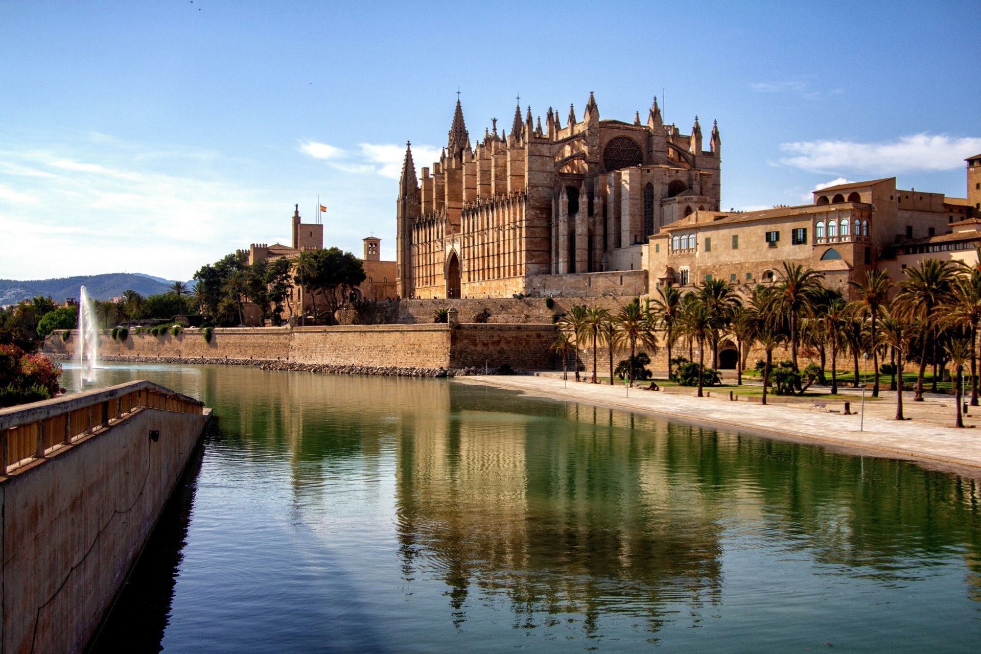 Una gran catedral gótica y edificios adyacentes reflejados en las aguas tranquilas de un lago, con palmeras bordeando la orilla.