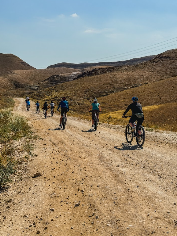 Un viaggio di gruppo WeRoad in mountain bike su una strada sterrata tortuosa attraverso colline aride e marroni sotto un cielo sereno.