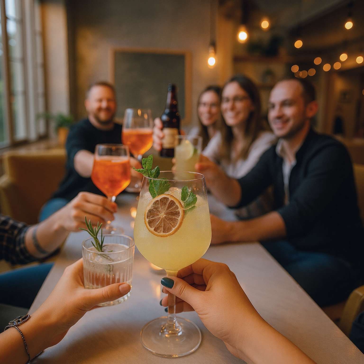 Un grupo de WeRoad brindando con cócteles en la mesa de un restaurante.