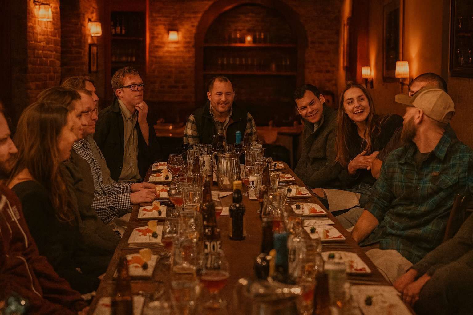 Un grupo de WeRoad ríe y conversa mientras cena en una mesa larga en un restaurante con luz cálida.