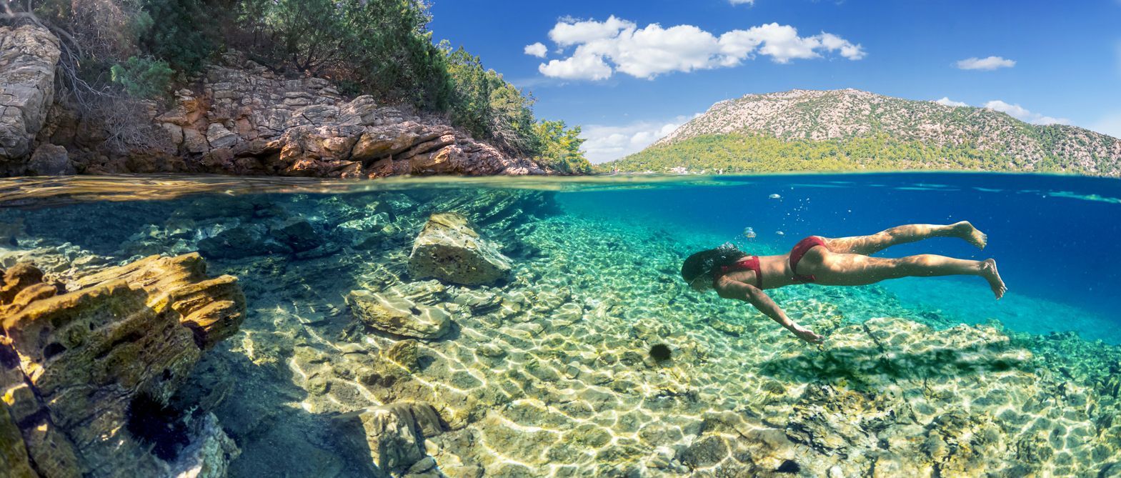 A split-level view of a woman in a red bikini swimming underwater in clear turquoise sea, with a rocky, tree-lined coast visible above the surface.