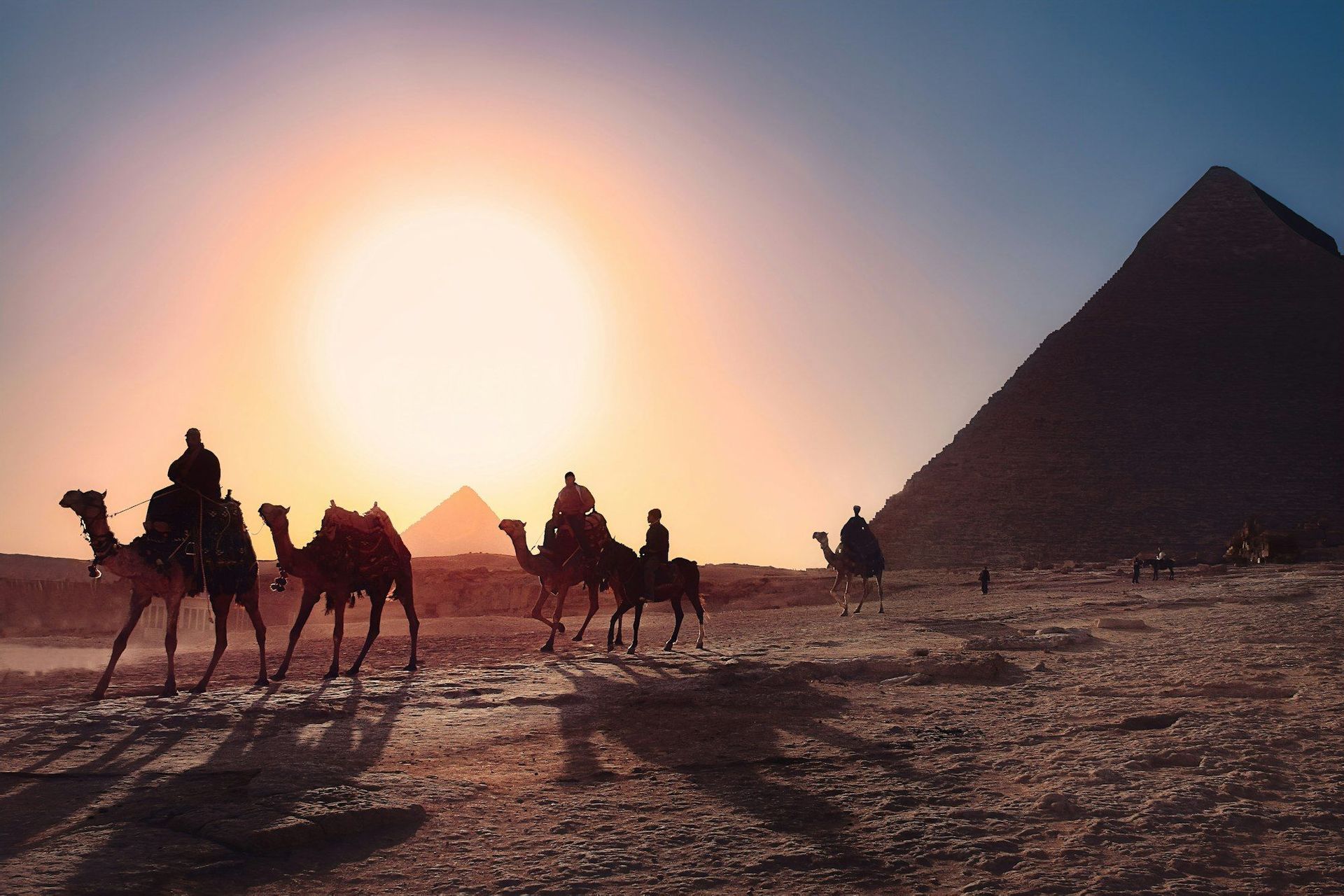Eine WeRoad-Gruppenreise auf Kamelrücken, als Silhouette vor einem Wüstensonnenuntergang mit Pyramiden in der Ferne.