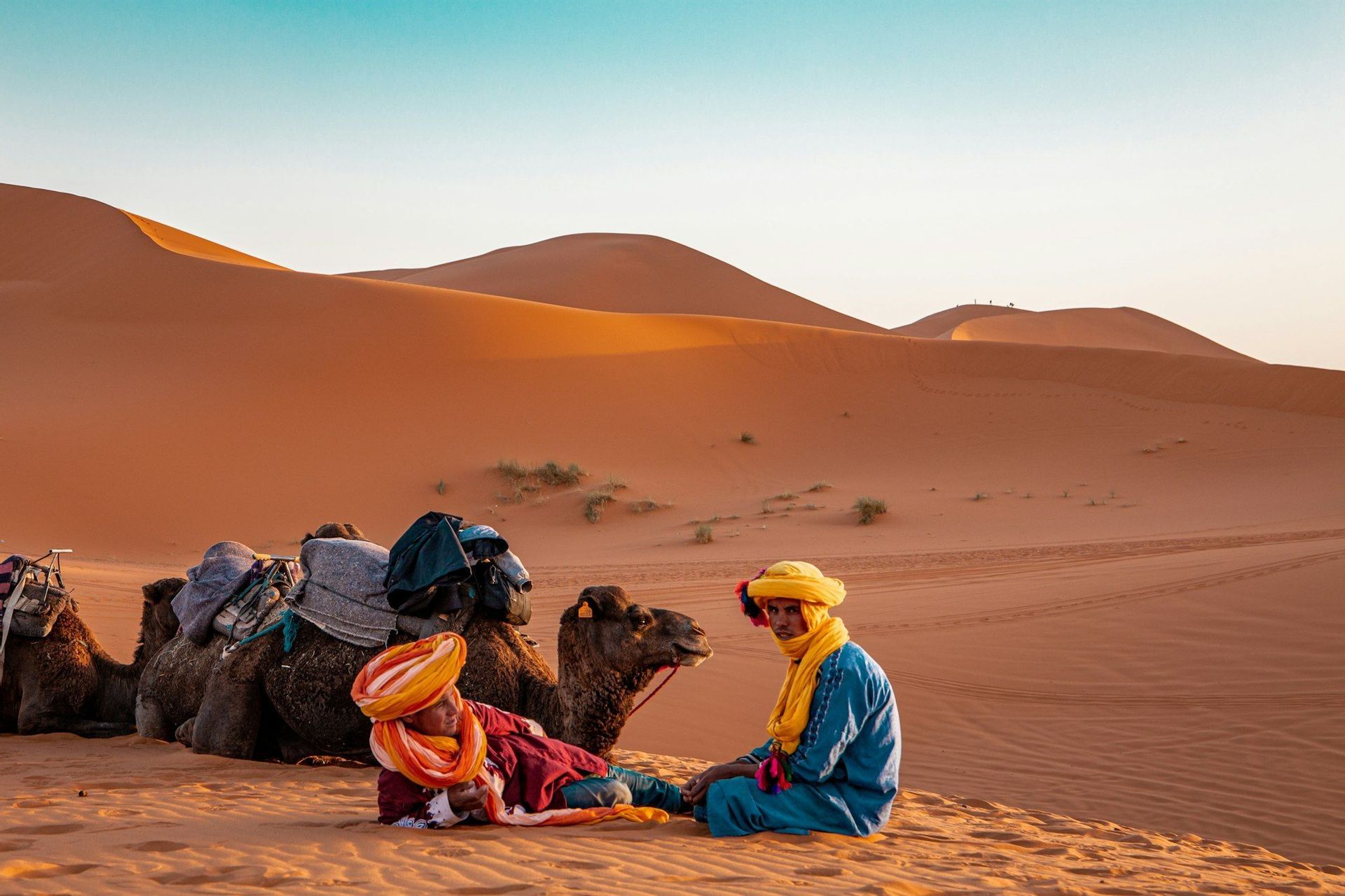 Two men in colorful turbans sit on the sand next to resting camels, with large desert dunes in the background.