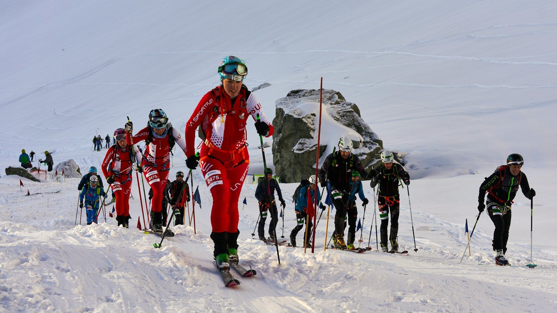 Un gruppo di scialpinisti in tenuta da gara che sale un pendio montano innevato durante una competizione.