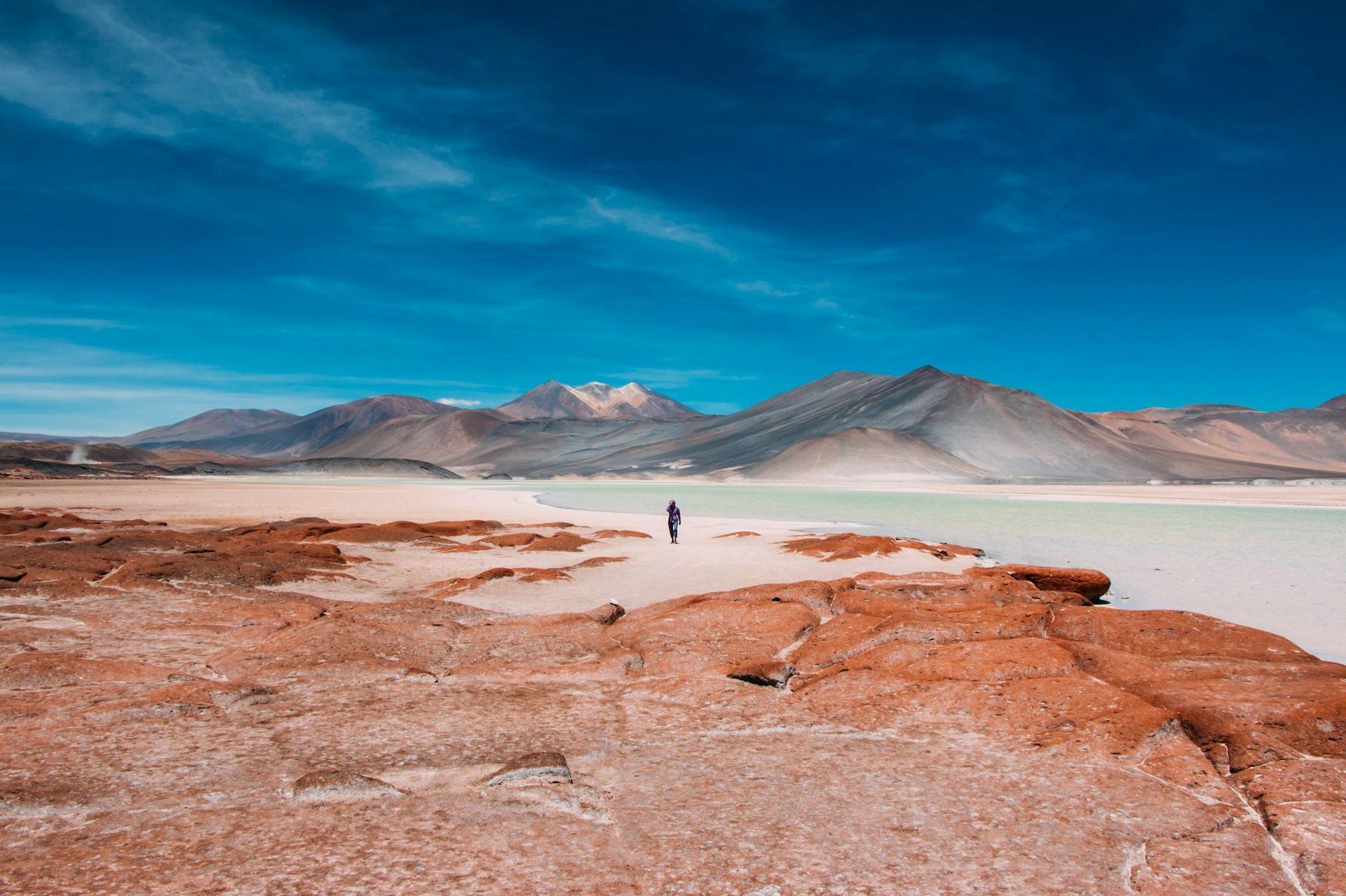 Eine einzelne Person in Lila steht in einer weiten Wüstenlandschaft aus roten Felsen und Sand neben einem blassen See, mit Bergen in der Ferne.