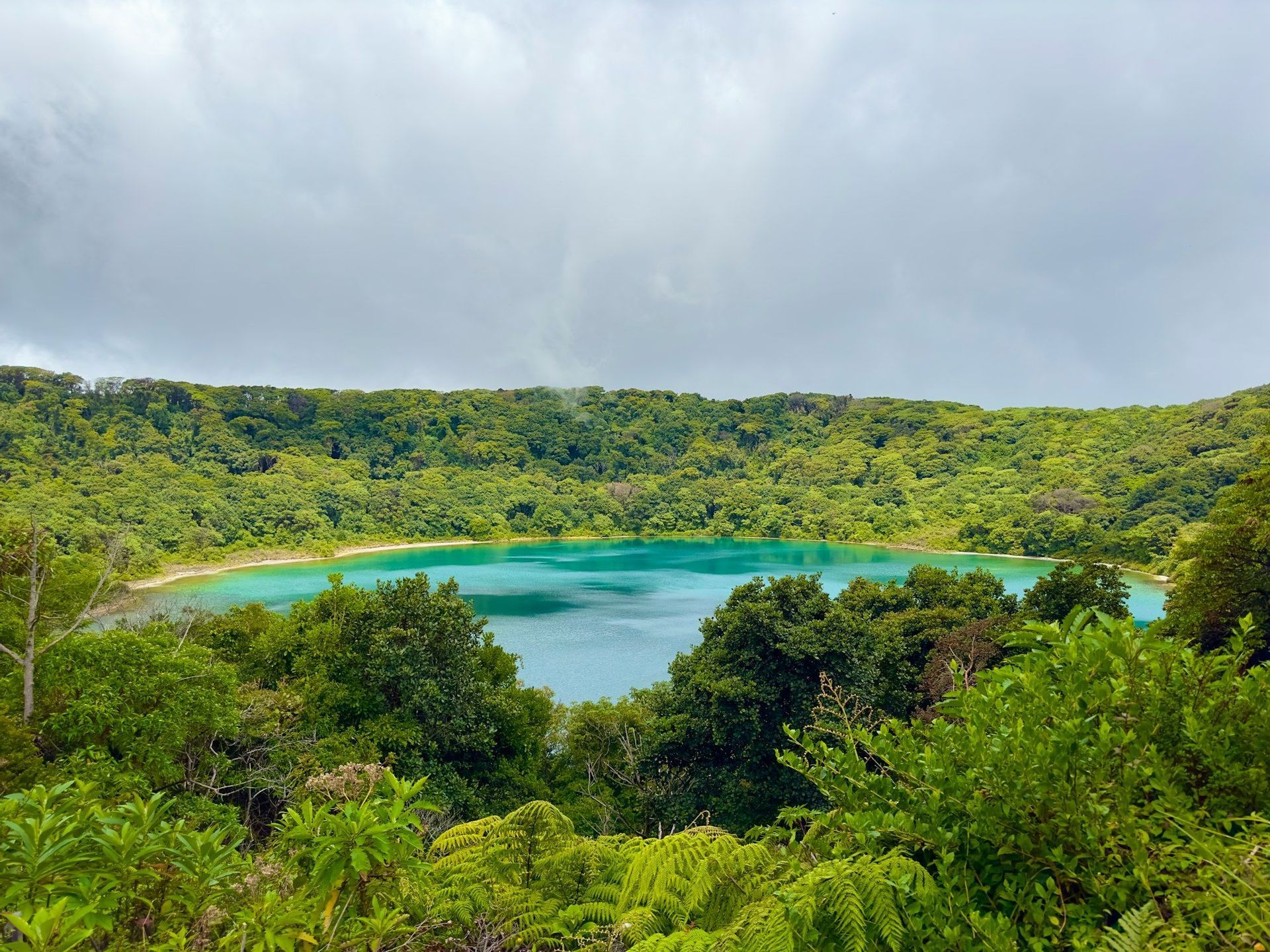 Un lago vulcanico color turchese circondato da una fitta foresta verde sotto un cielo coperto, visto dall'alto.