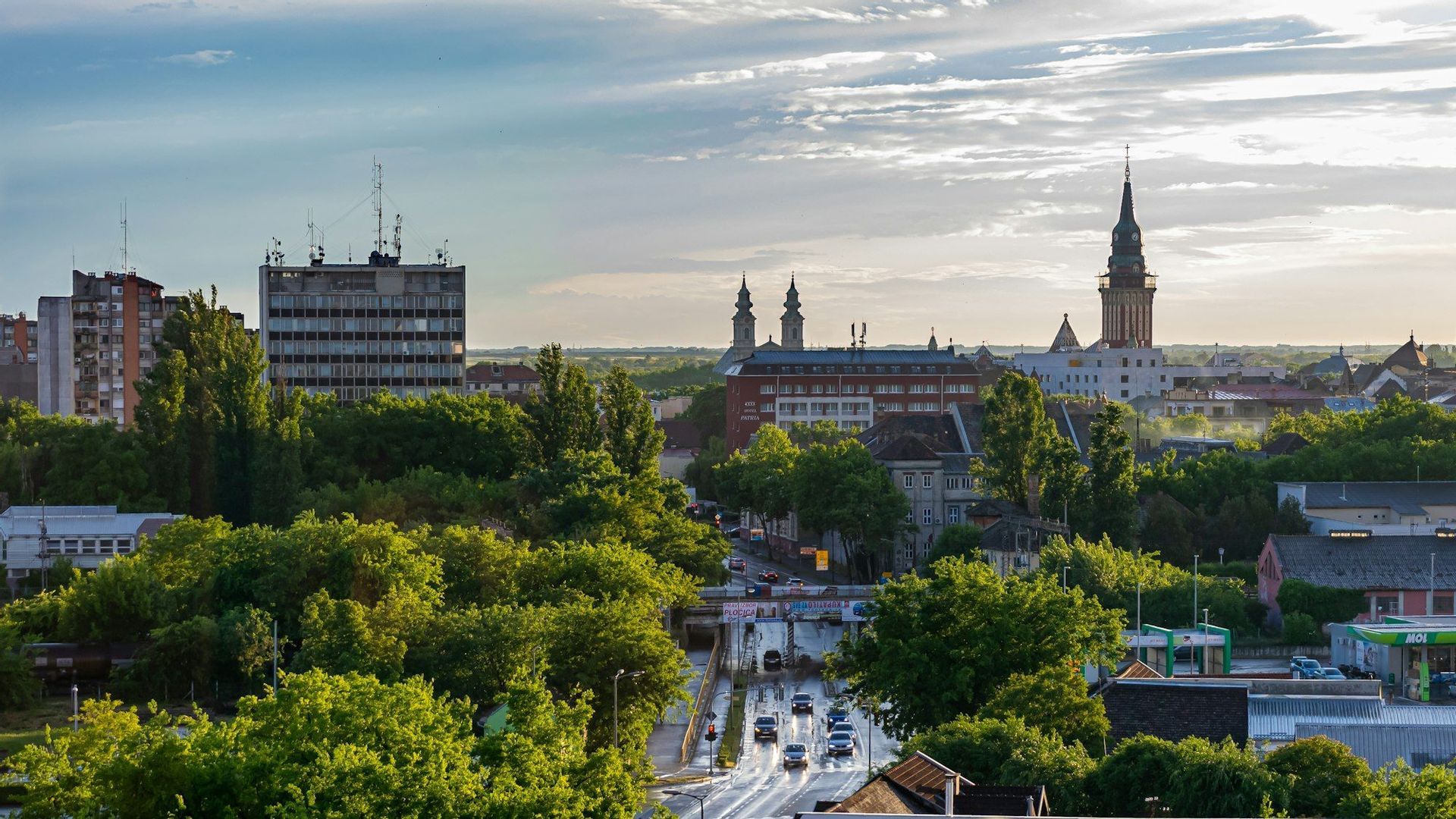 Una vista elevada de un paisaje urbano con exuberantes árboles verdes, varios edificios, incluyendo una torre del reloj, y coches conduciendo por una carretera mojada.