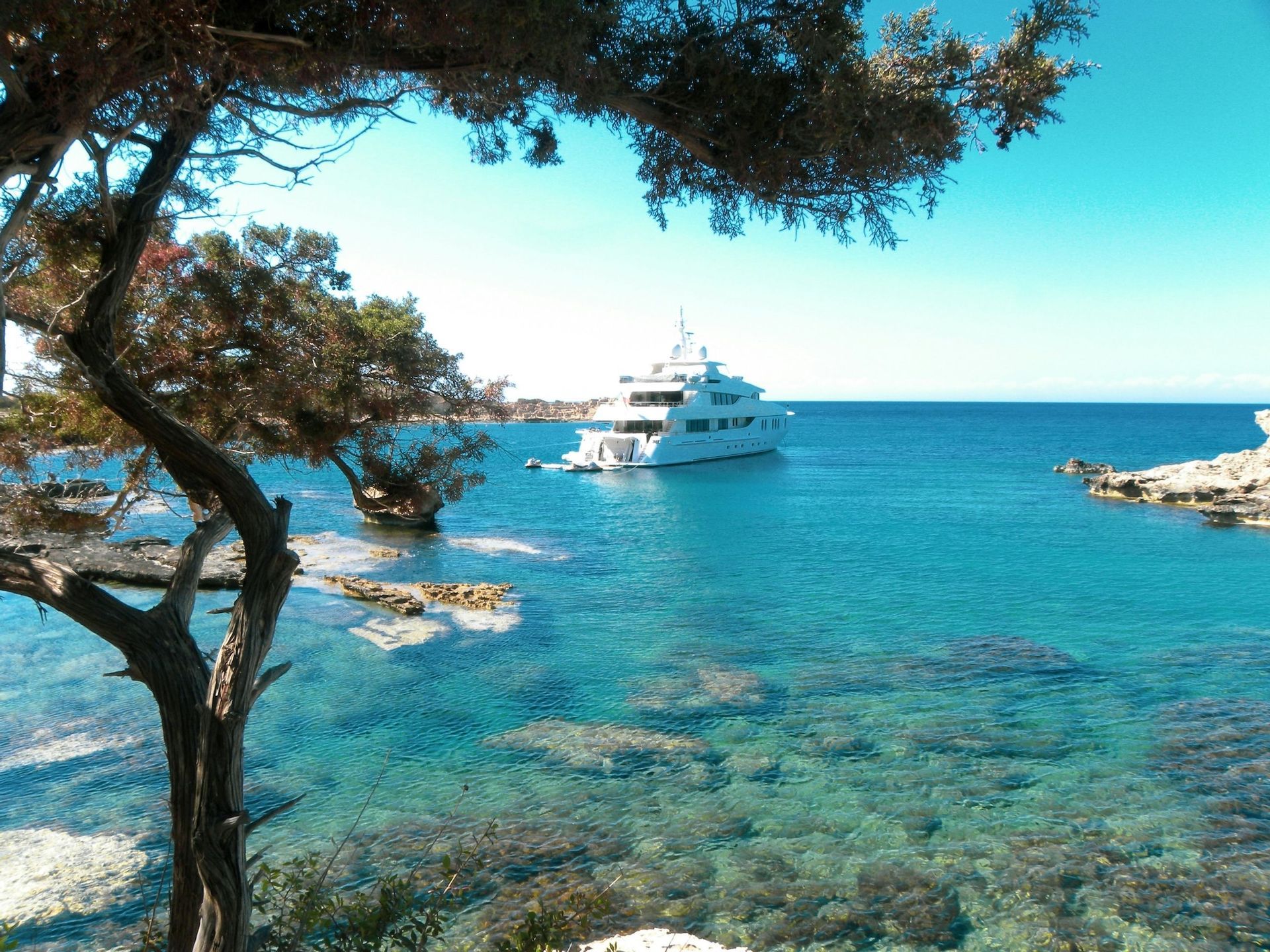 Un grande yacht bianco è ancorato in una baia calma, limpida e turchese, visto da una costa rocciosa sotto i rami degli alberi.