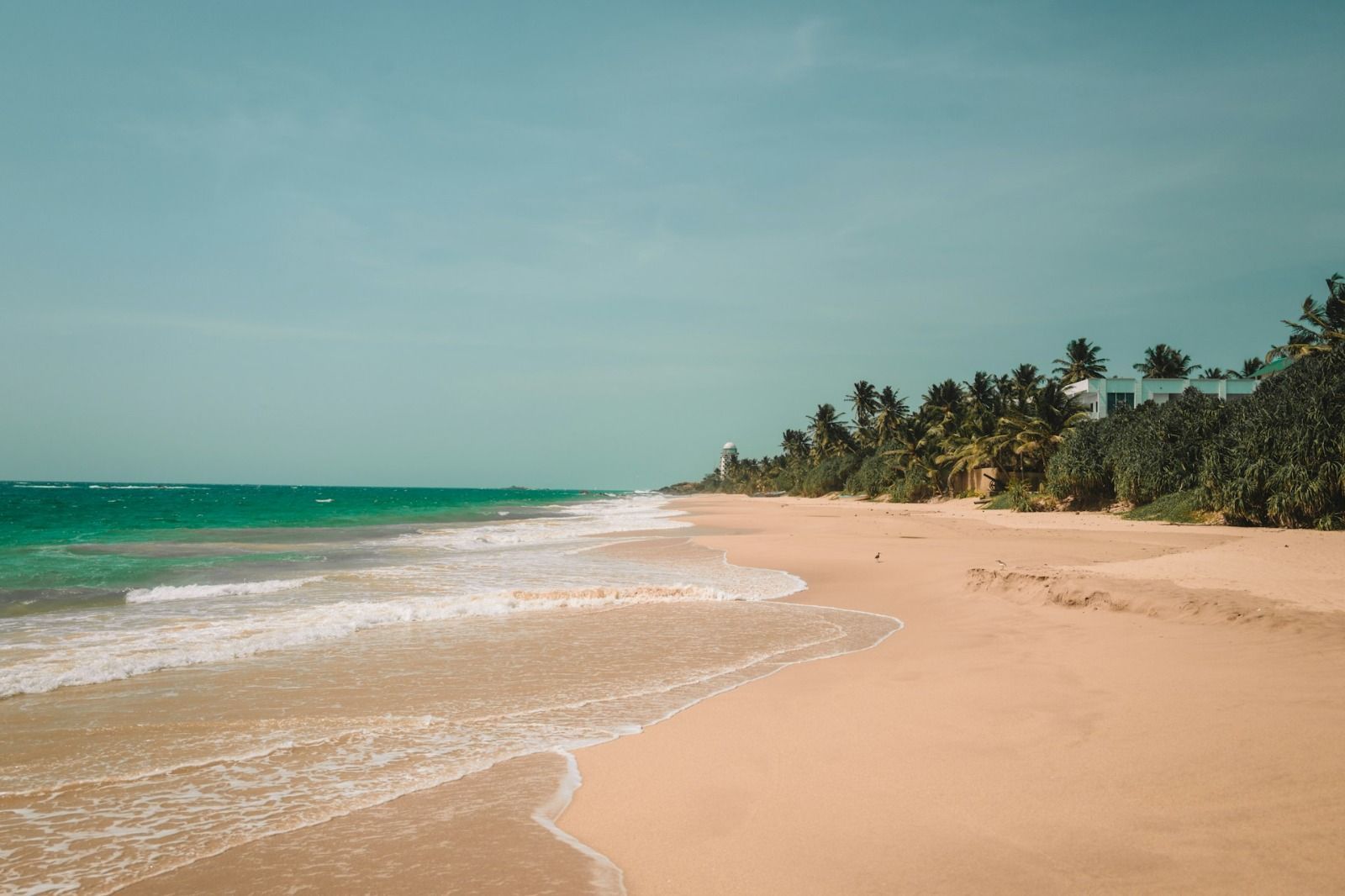 Onde turchesi si infrangono su una spiaggia sabbiosa orlata di palme, con un faro bianco visibile in lontananza.