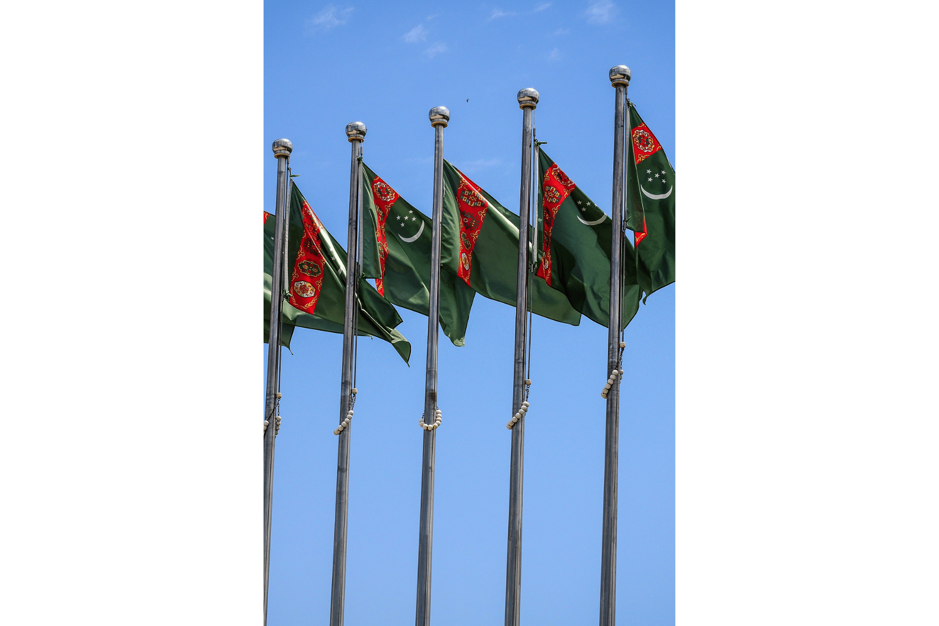 Una fila di bandiere del Turkmenistan che sventolano su aste d'argento contro un cielo azzurro chiaro.