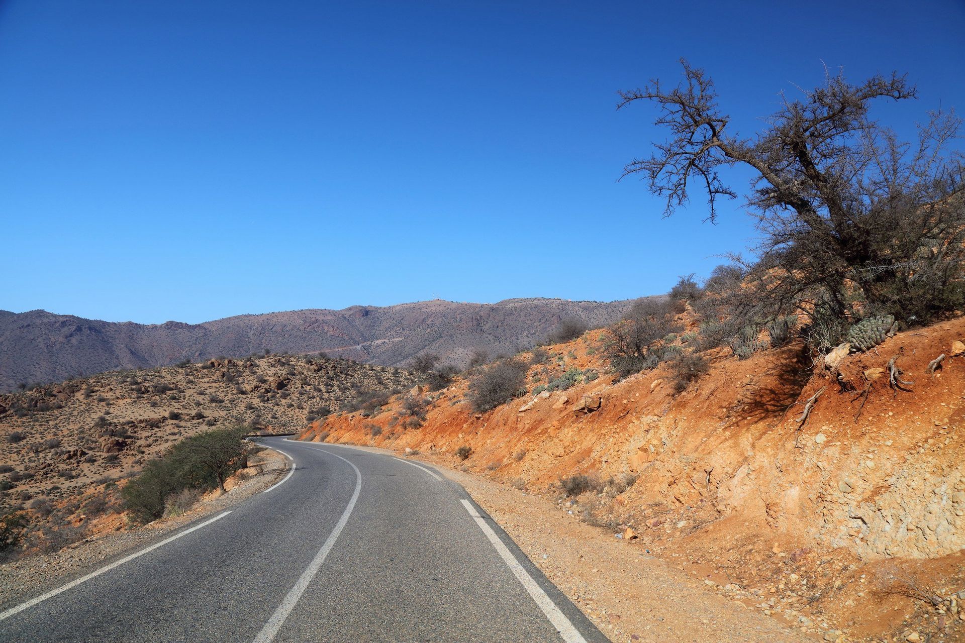 Una strada asfaltata si snoda attraverso un paesaggio arido e collinare con terra rossa e vegetazione rada sotto un cielo blu chiaro.
