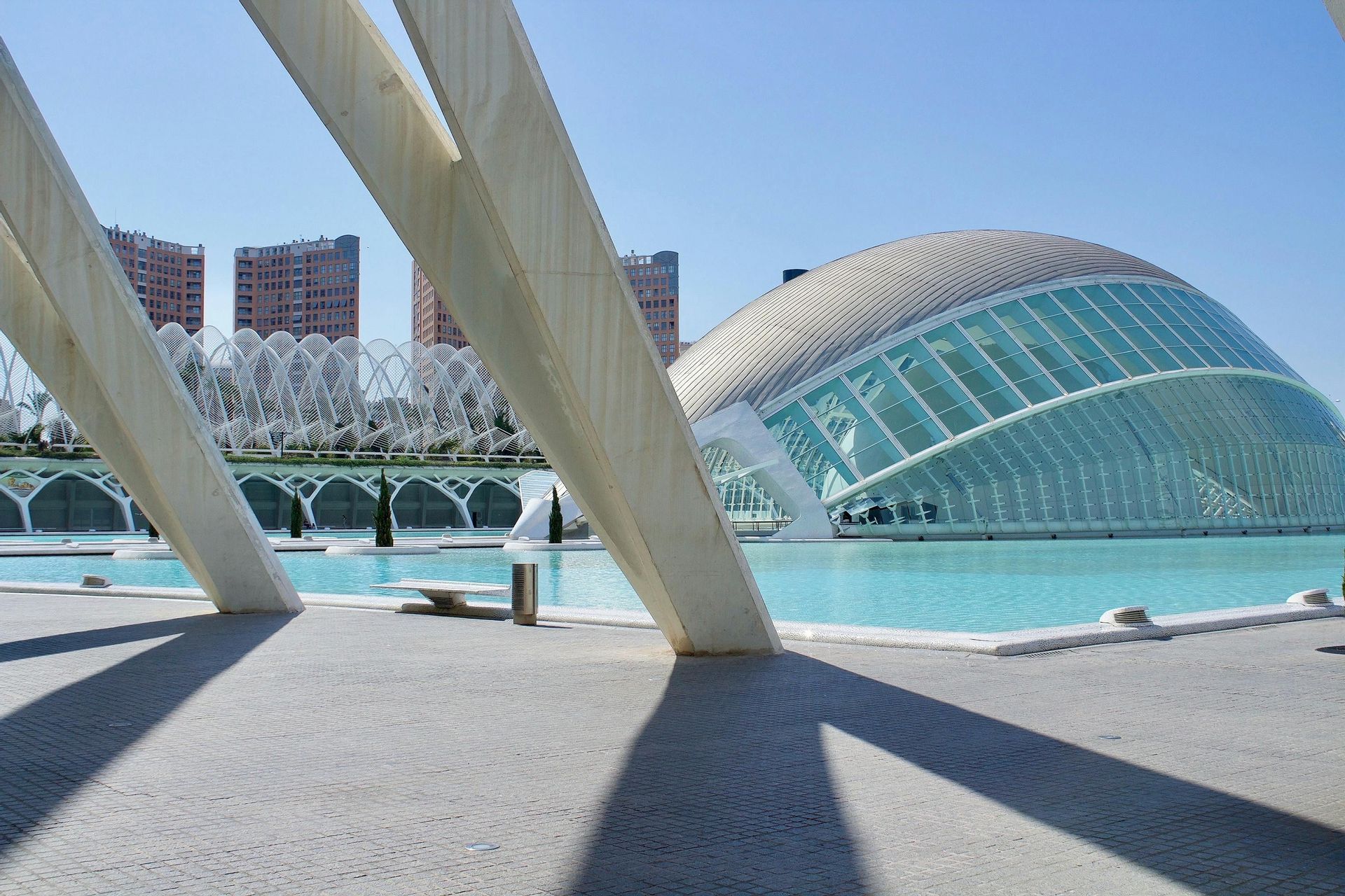 Travi bianche inclinate incorniciano la vista di un grande edificio a cupola futuristico con pareti in vetro, situato accanto a una piscina azzurra brillante.