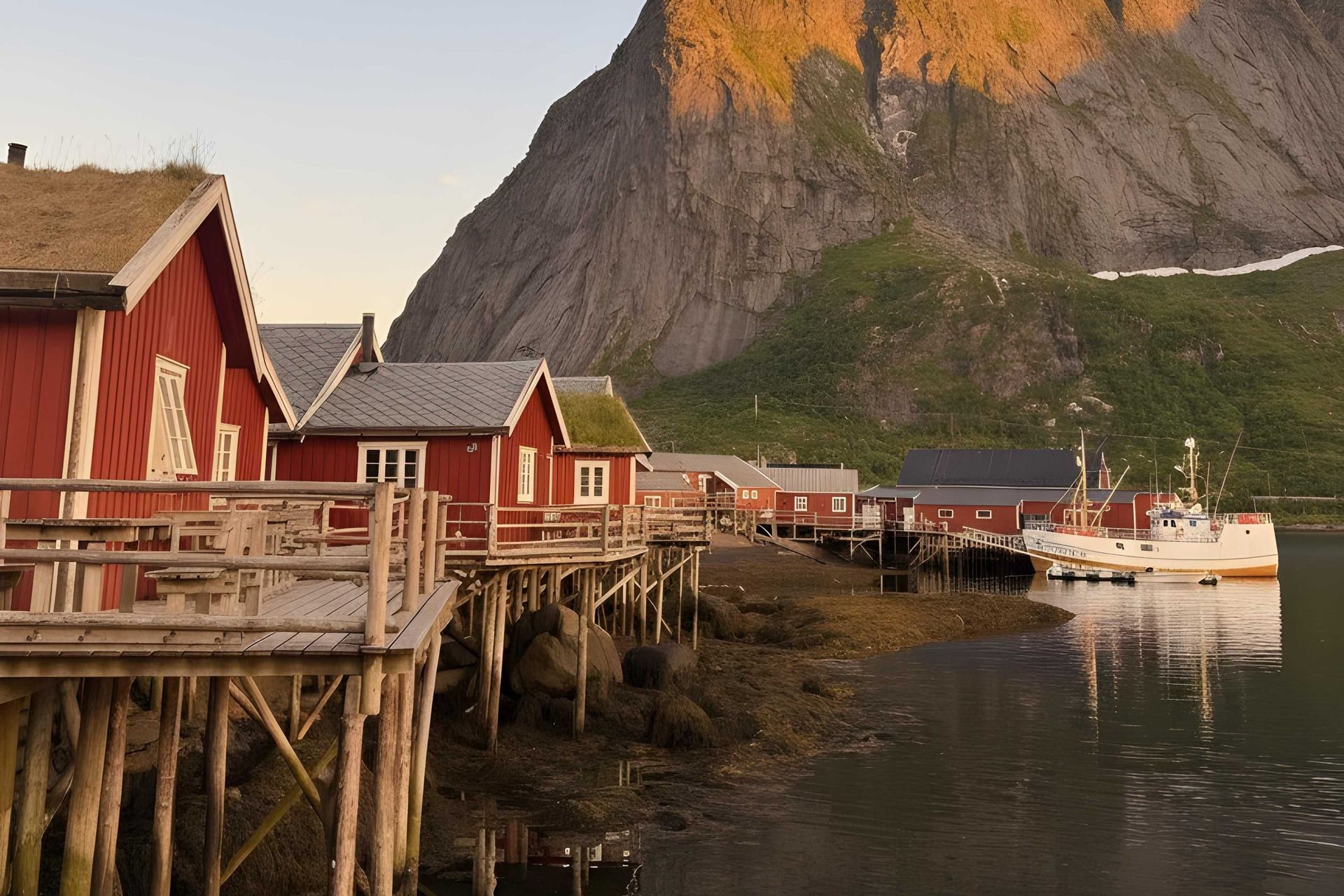 Rote Holzhäuser auf Stelzen säumen eine ruhige Küstenlinie mit einem großen, felsigen Berg im Hintergrund bei Sonnenuntergang.