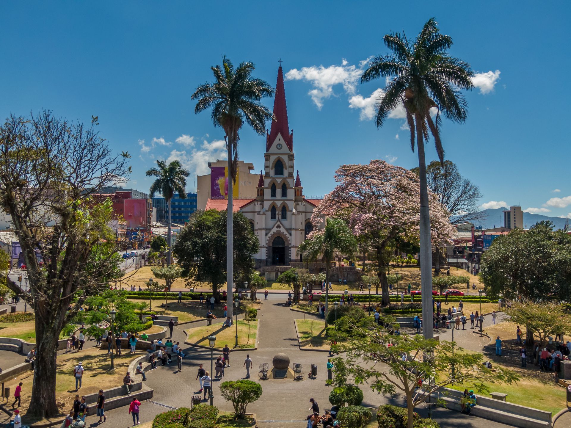 Blick von oben auf einen belebten Stadtpark mit Menschen, Palmen und einer Kirche mit rotem Kirchturm im Hintergrund unter blauem Himmel.