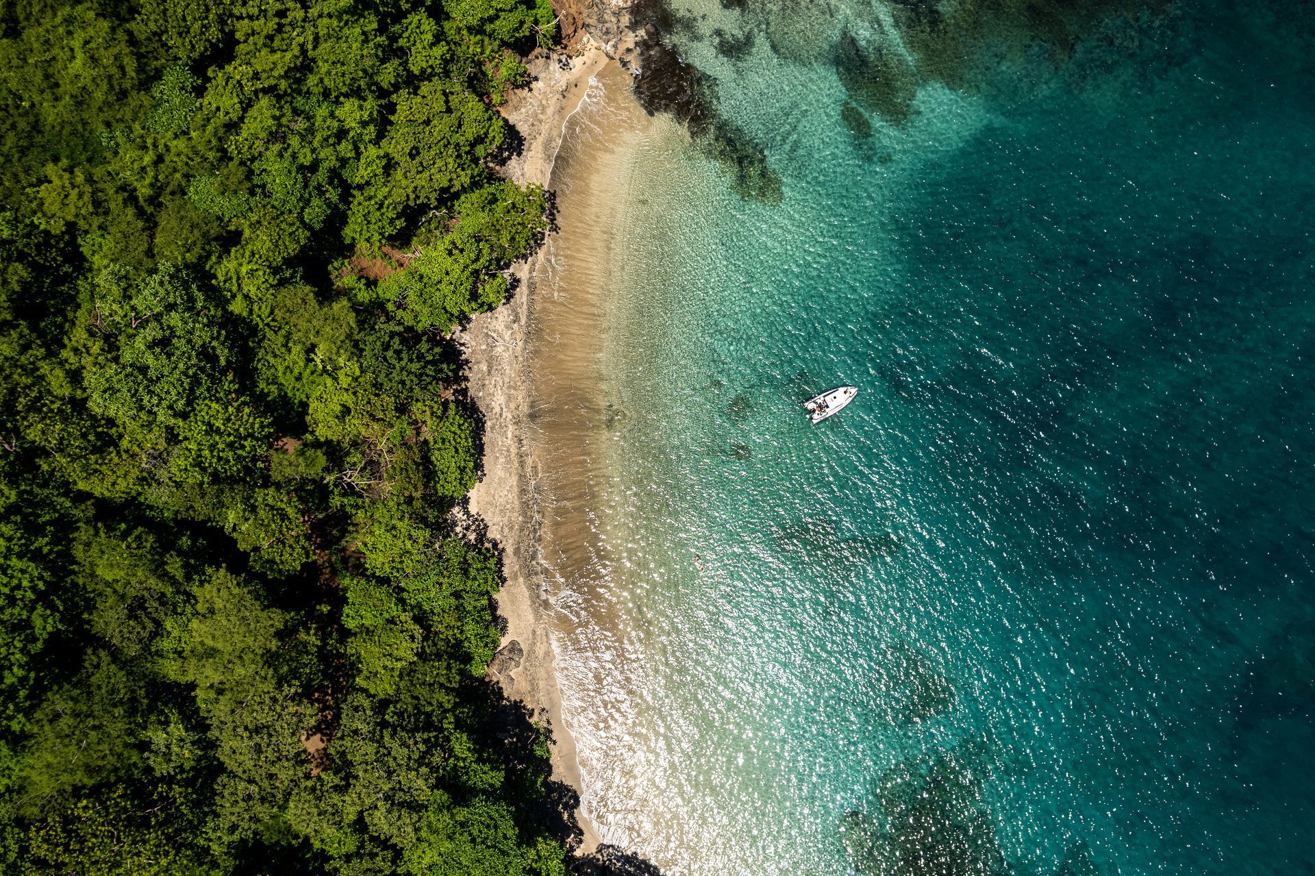 Vue aérienne d'un bateau blanc flottant sur des eaux claires et turquoise, amarré à une plage de sable bordée par une forêt verdoyante et dense.