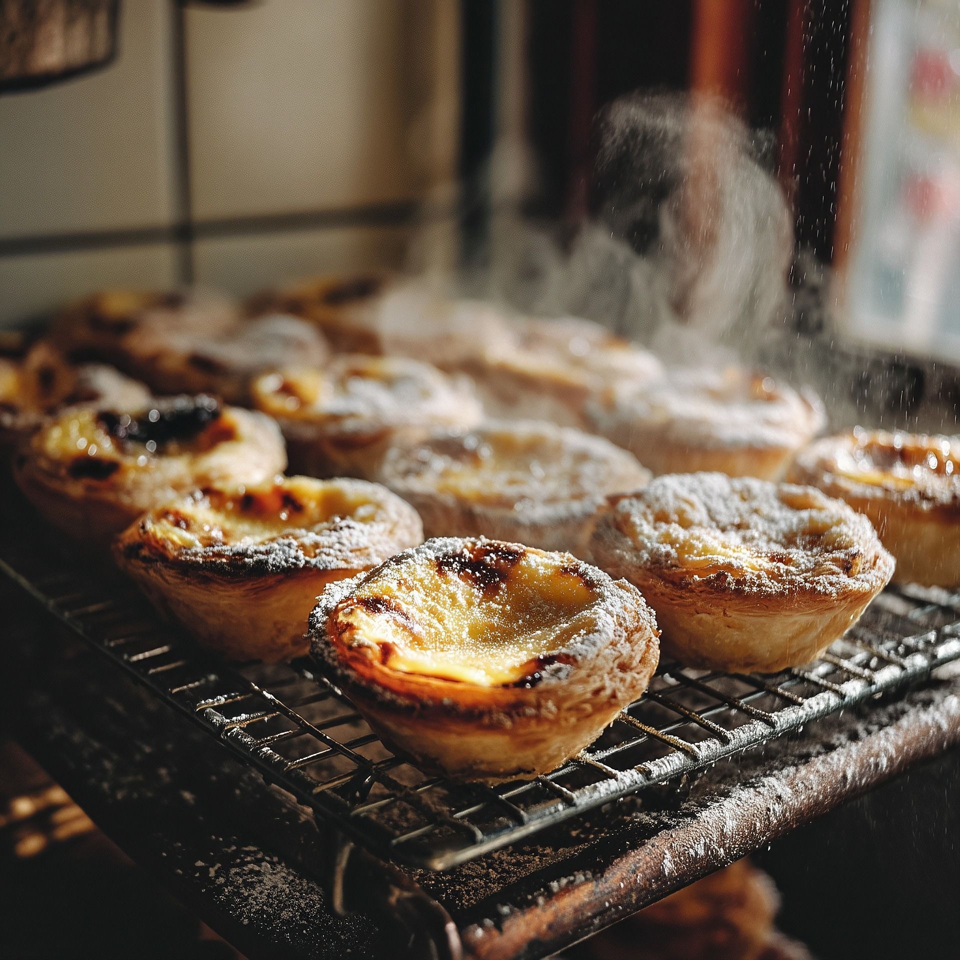 Primer plano de pasteles de nata portugueses calientes sobre una rejilla, con vapor subiendo mientras se les espolvorea azúcar glas.