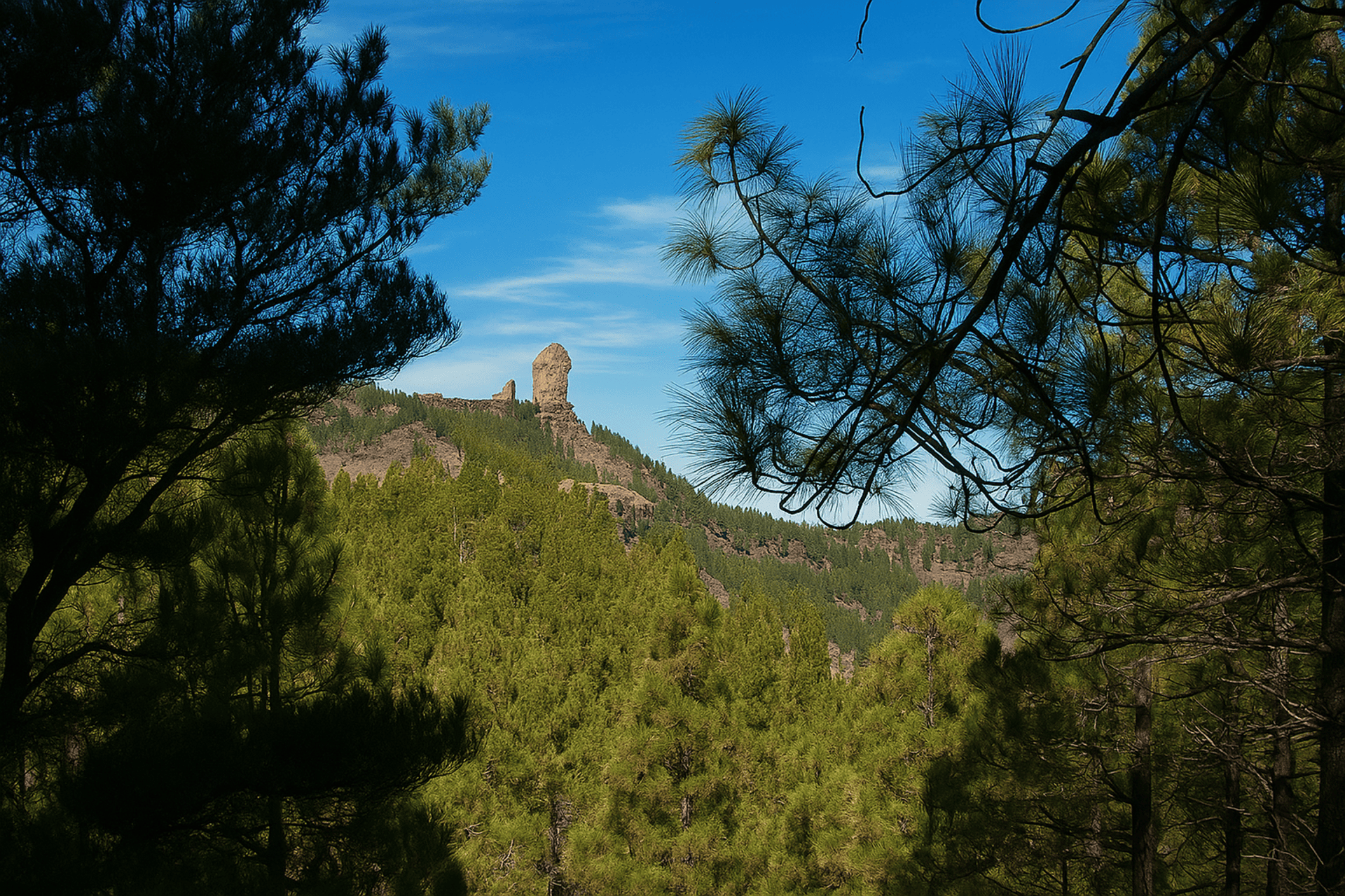 Una grande formazione rocciosa si erge su una collina lontana, coperta da una fitta pineta, vista attraverso i rami degli alberi sotto un cielo azzurro limpido.