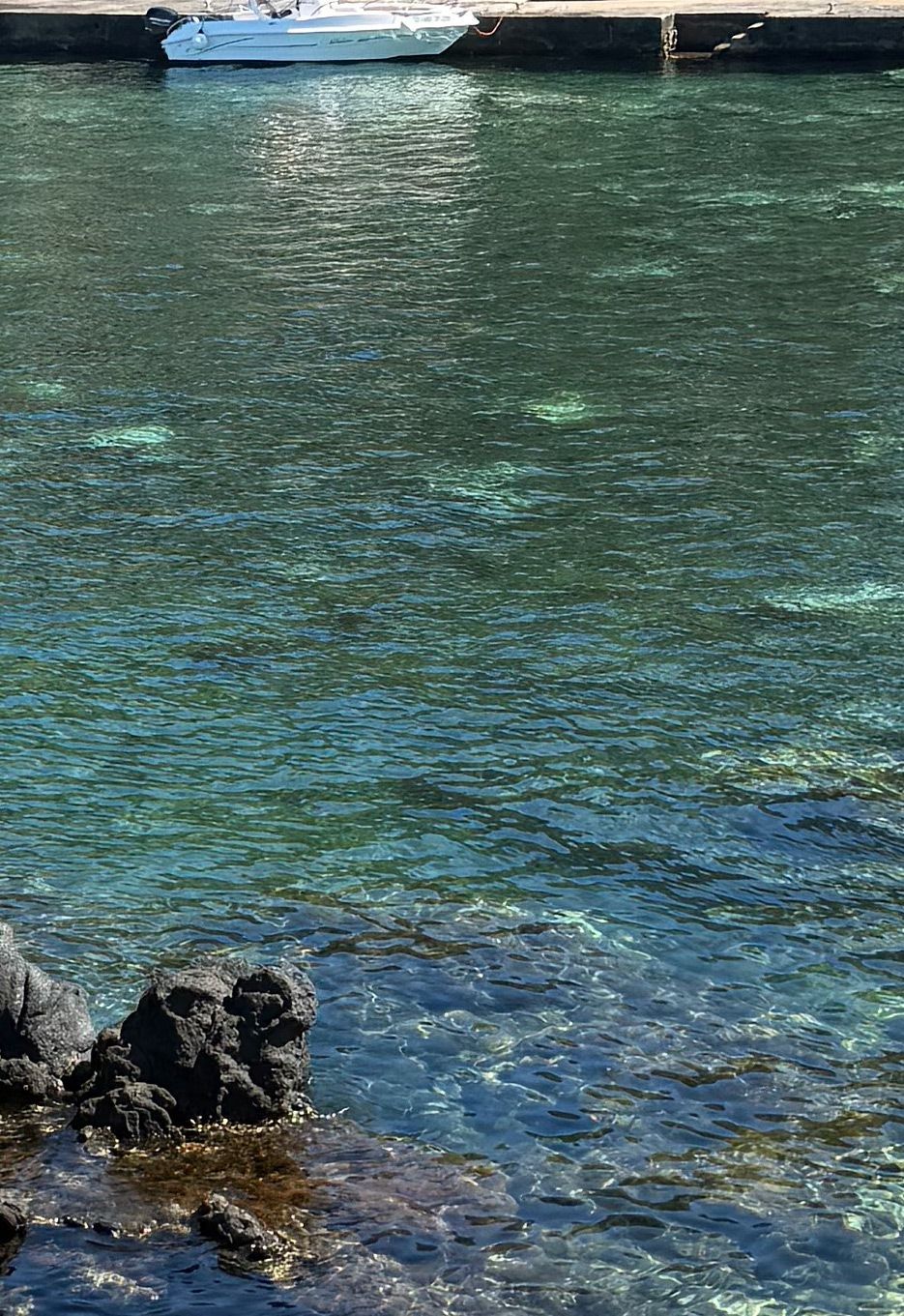 Un motoscafo bianco è ormeggiato a un molo di cemento sopra acqua cristallina turchese con rocce scure in primo piano.