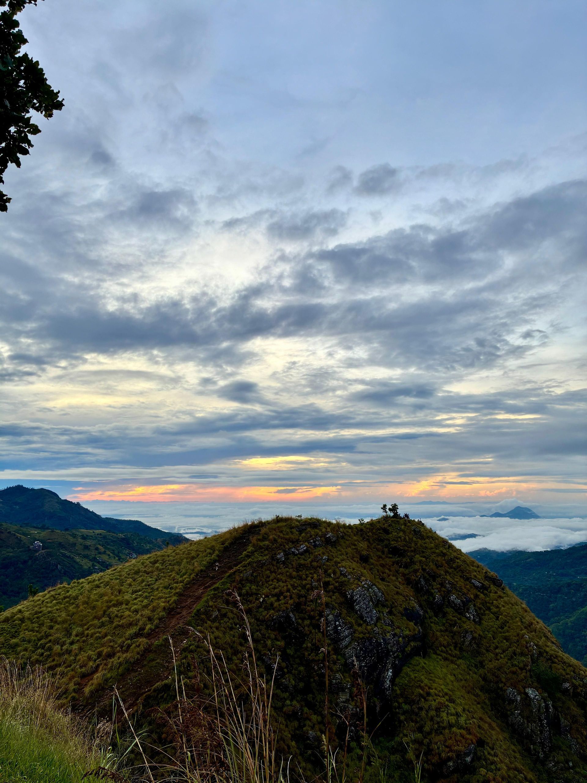 Un pic montagneux verdoyant avec un chemin de terre dominant une vallée remplie de nuages, lors d'un lever de soleil coloré.