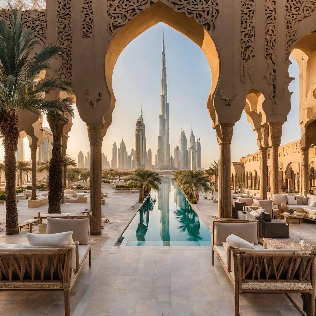 Un horizon urbain moderne est encadré par une grande arche ornée surplombant une cour avec un bassin réfléchissant, des chaises longues et des palmiers.