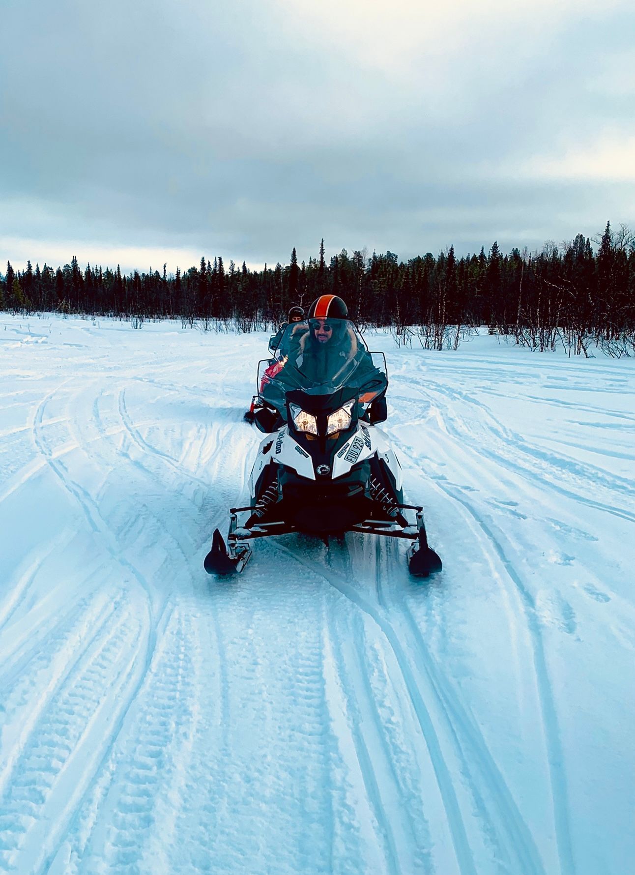 Un gruppo WeRoad in motoslitta attraversa in fila un vasto campo innevato con una foresta sullo sfondo.
