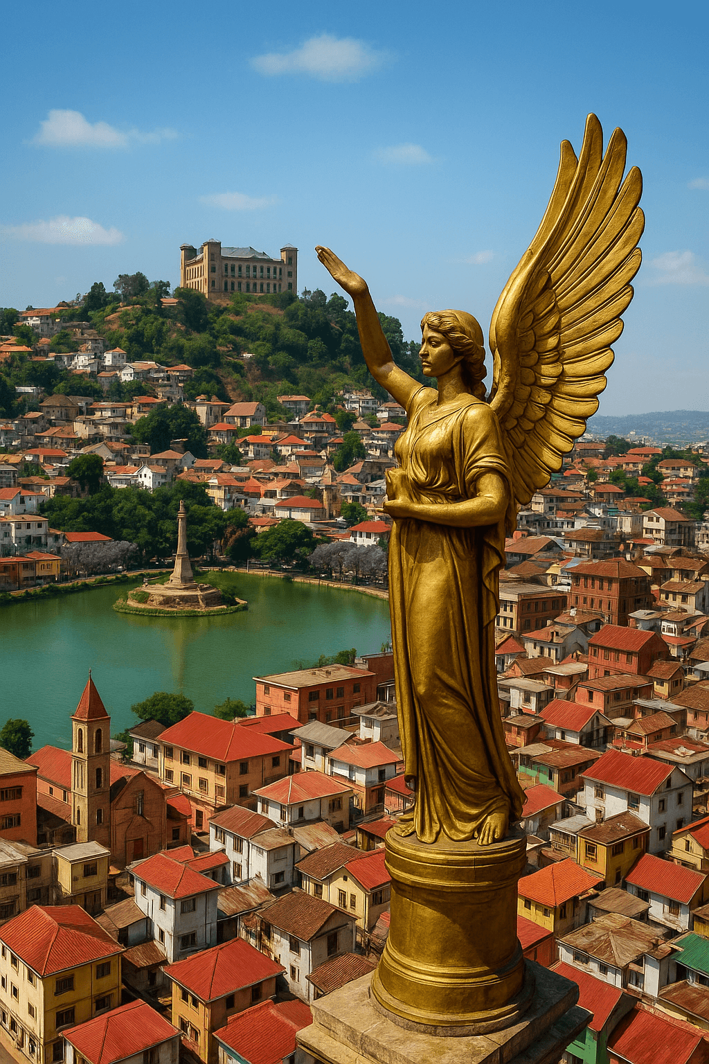 A golden statue of a winged angel stands on a pedestal, overlooking a city with red-roofed houses and a central lake.