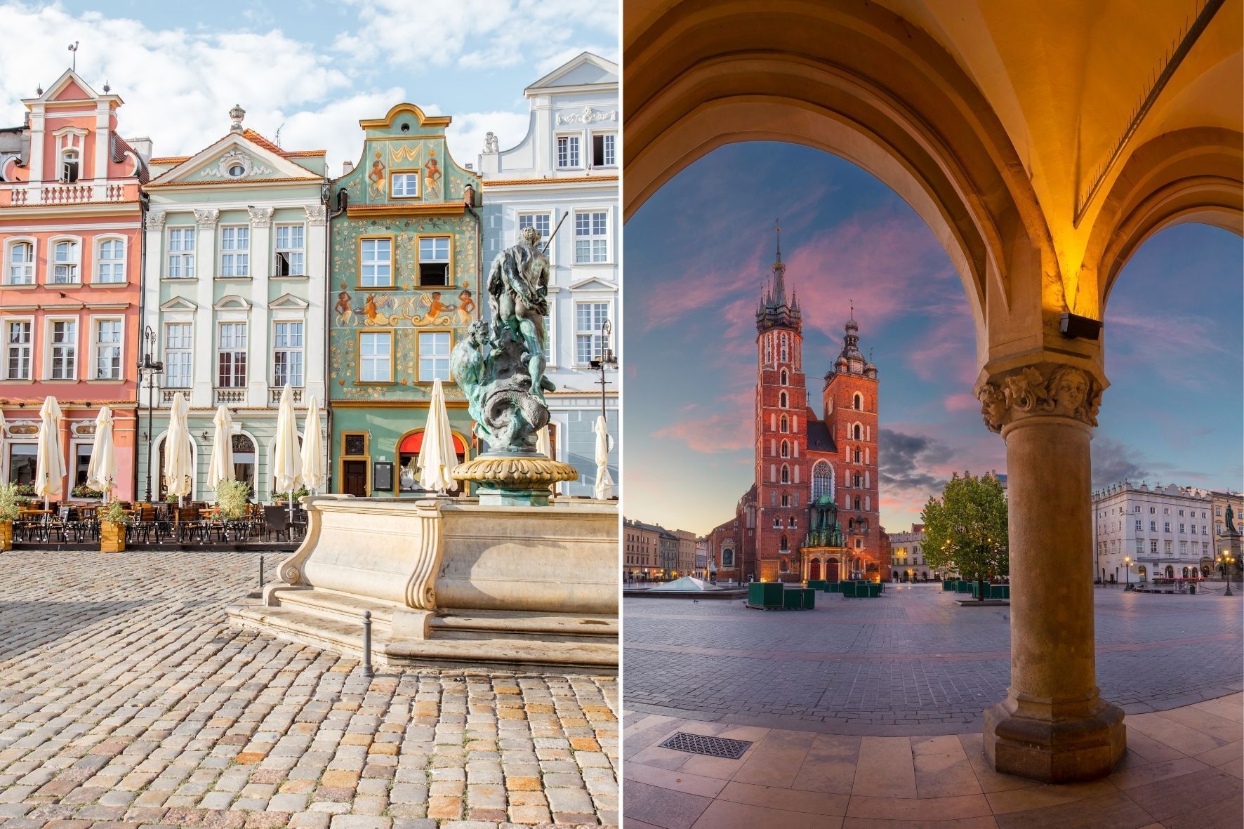 Zwei europäische Stadtplätze im geteilten Bild: Einer mit Brunnen und farbenfrohen Gebäuden, der andere mit einer Kirche bei Sonnenuntergang.