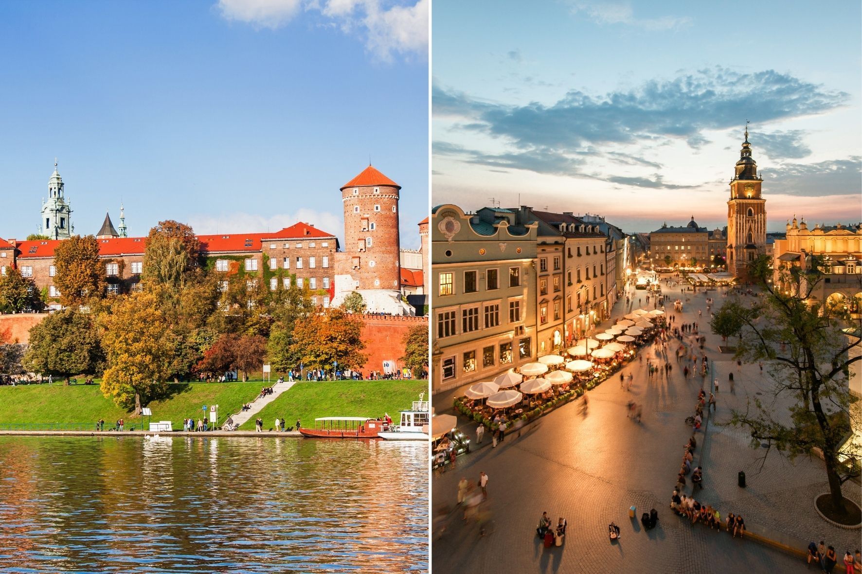 Ein Diptychon, das links eine Backsteinburg an einem Fluss bei Tag und rechts einen belebten, beleuchteten Stadtplatz bei Dämmerung zeigt.