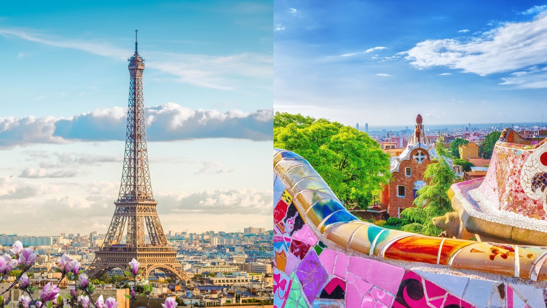 Ein geteiltes Bild mit dem Eiffelturm in Paris auf der einen und dem Park Güell in Barcelona auf der anderen Seite.