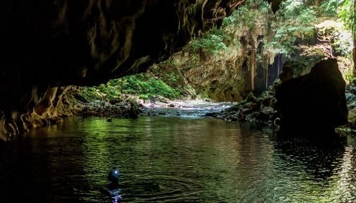 Una persona con lampada frontale guada nell'acqua all'interno di una grotta buia, con la giungla verde lussureggiante visibile all'ingresso.
