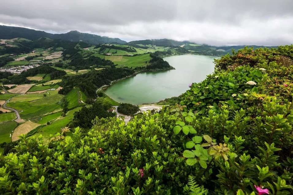 A high-angle view of a large green lake surrounded by rolling hills and patchwork fields, with lush foliage in the foreground.