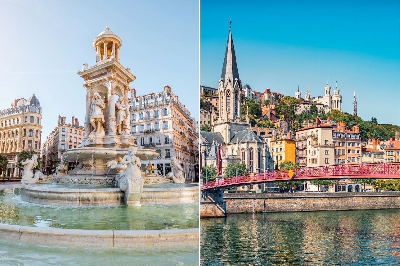 Deux panoramas d'une ville européenne : une fontaine ornée sur une place et une église sur une colline, dominant une rivière.