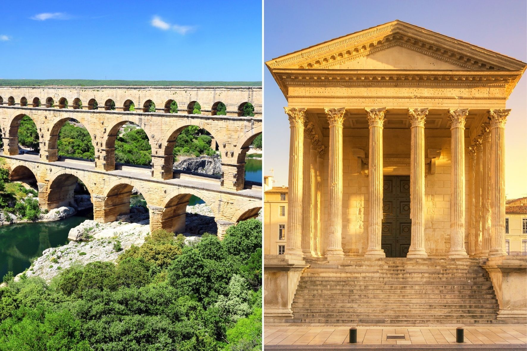 Una imagen que muestra un acueducto romano de varios niveles sobre un río y la fachada con columnas de un templo romano.