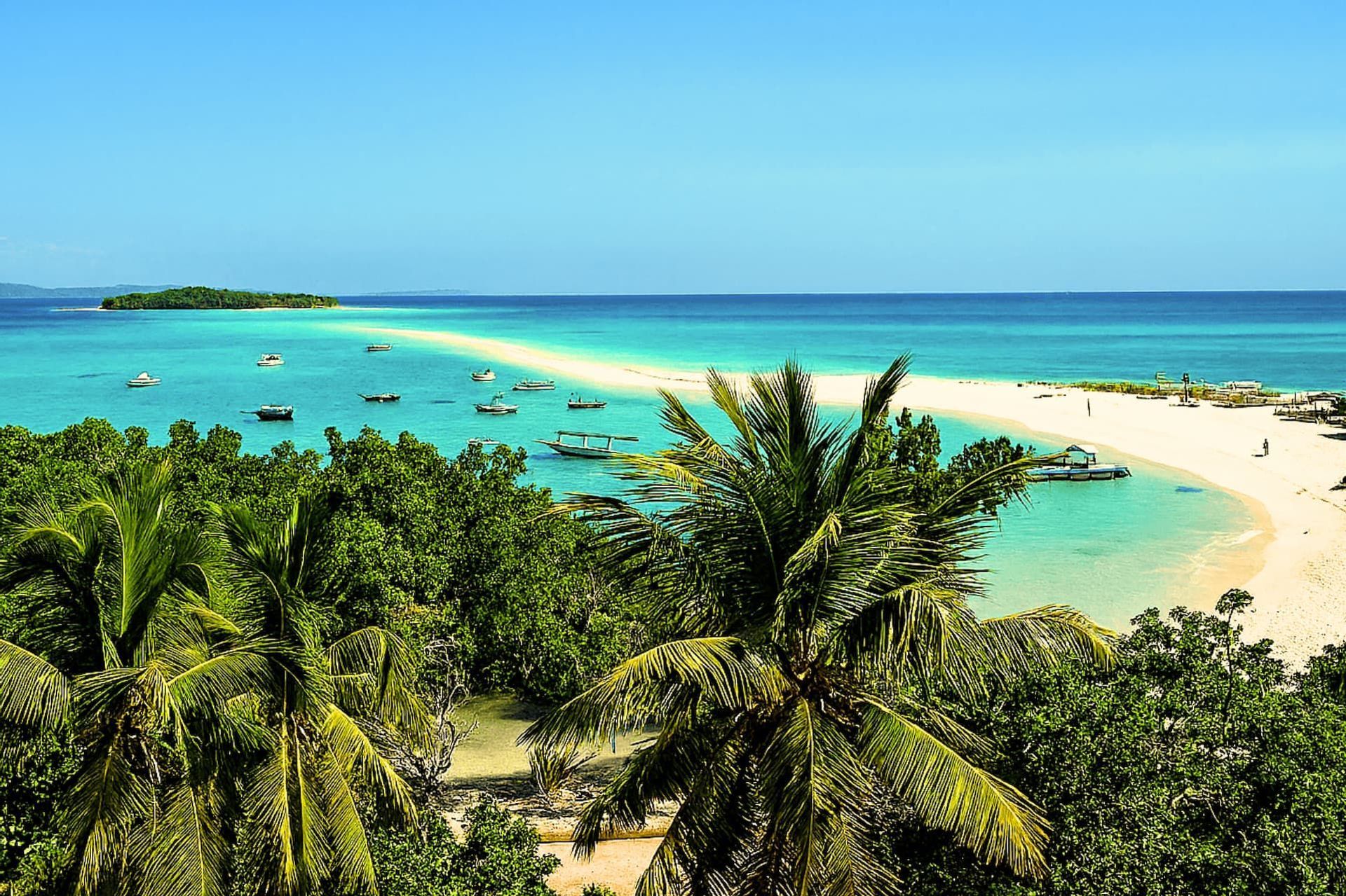 Une vue aérienne sur des palmiers, un banc de sable blanc s'étendant dans une mer turquoise, avec plusieurs petits bateaux ancrés dans l'eau.