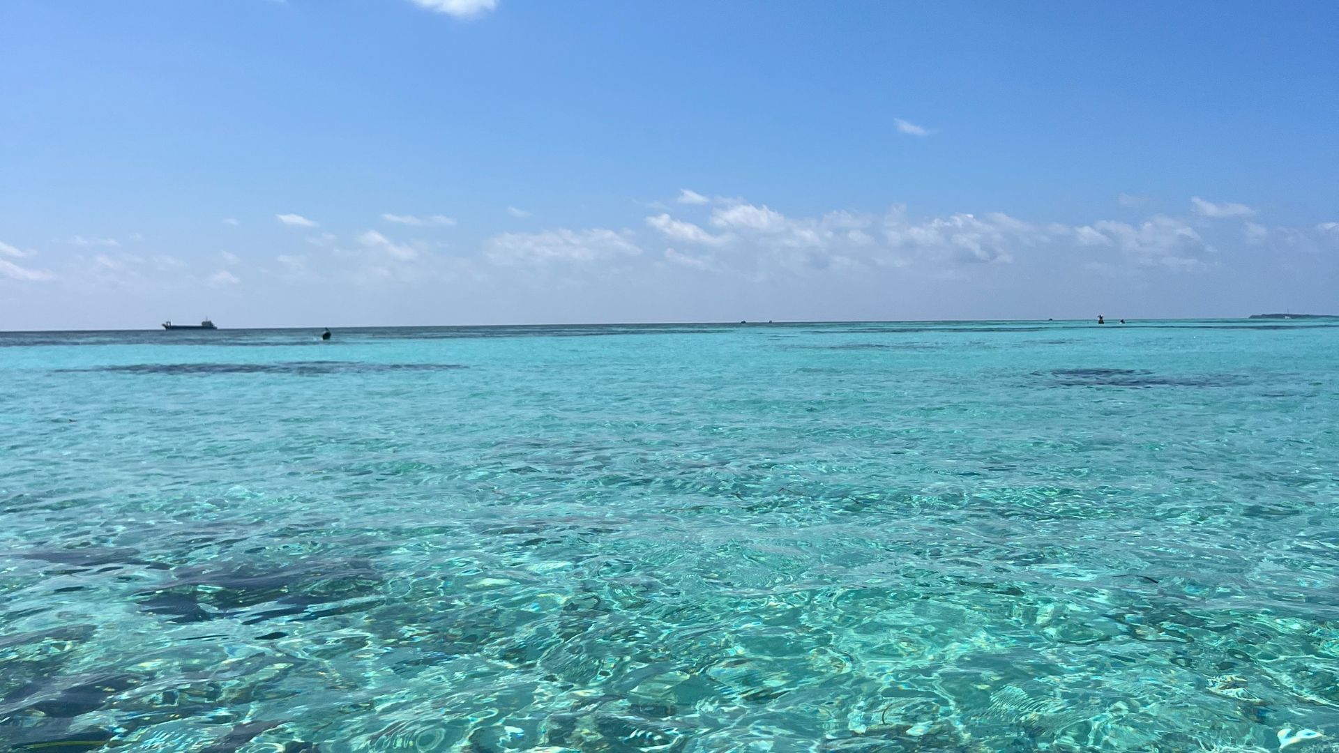 Acqua di mare limpida e turchese increspata sotto un cielo azzurro brillante con poche nuvole e una barca all'orizzonte.