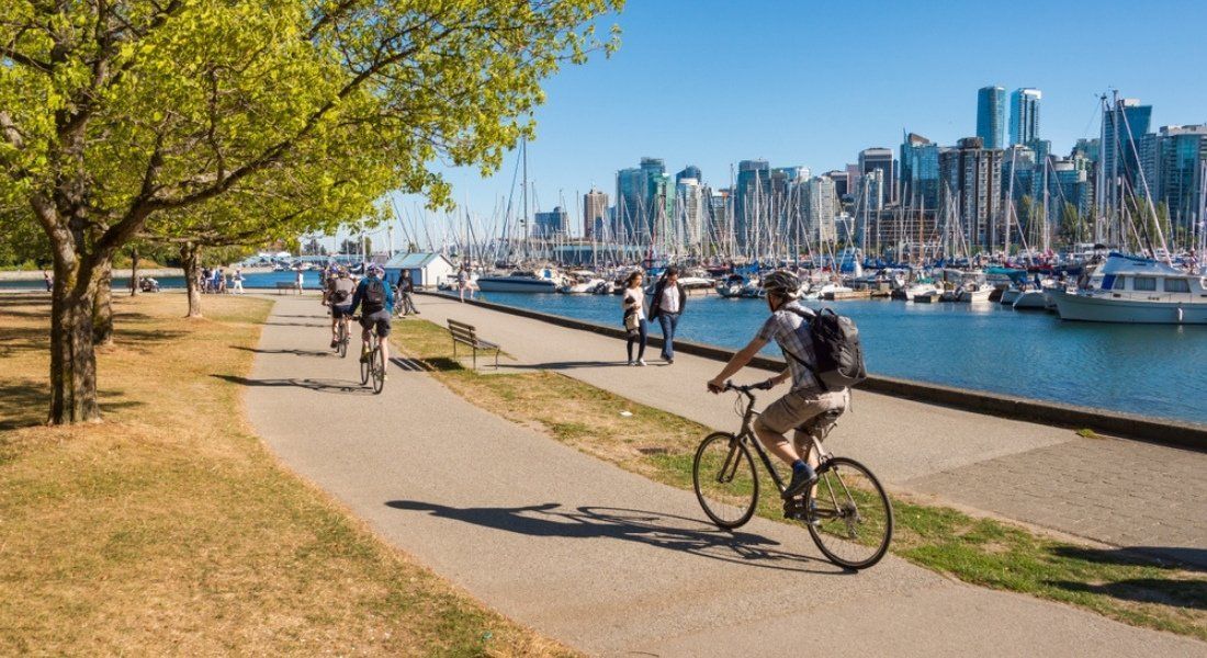 Ciclisti e pedoni percorrono un sentiero lastricato lungo un porto turistico pieno di barche a vela, con lo skyline di una città sullo sfondo in una giornata di sole.