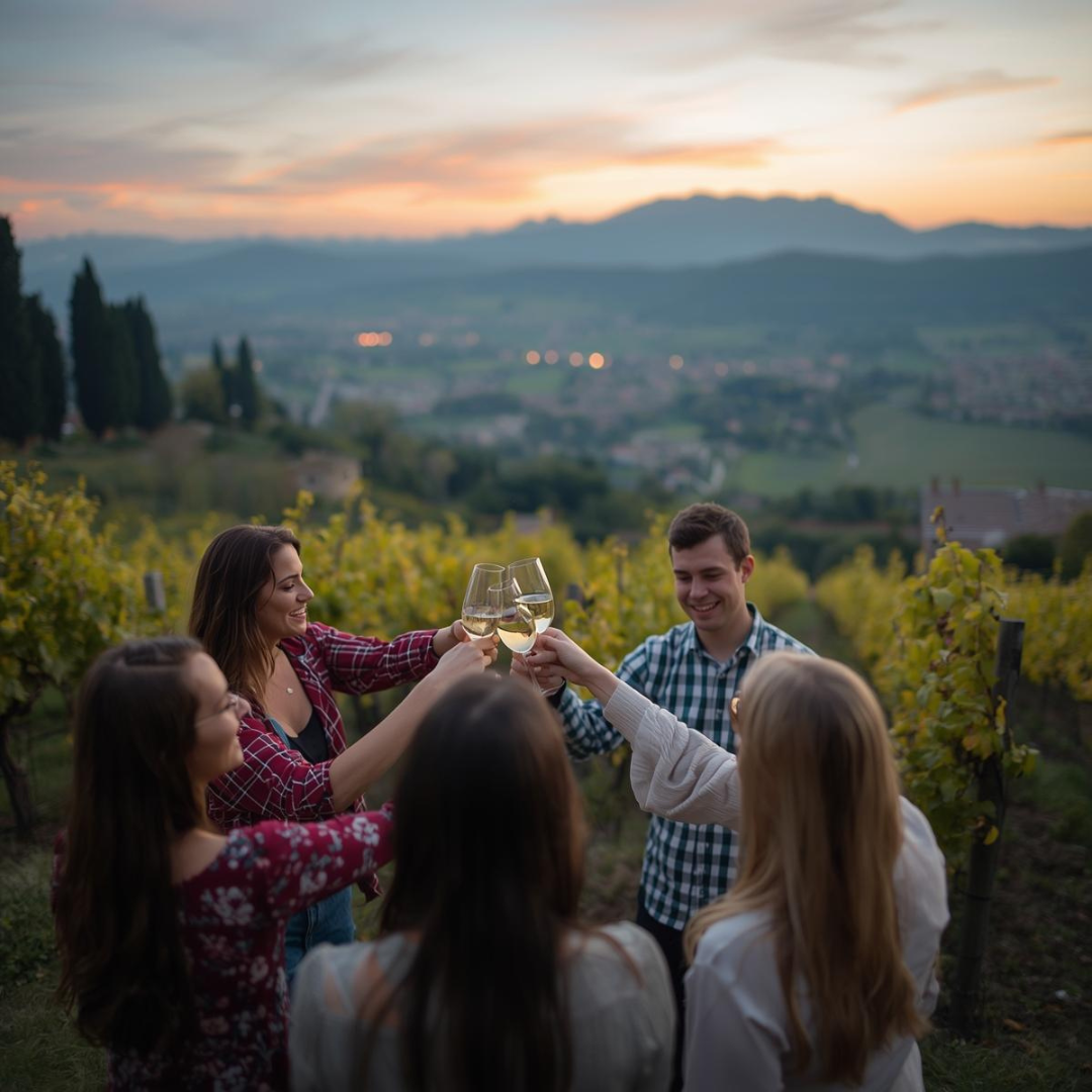 Un viaggio di gruppo WeRoad brinda con calici di vino bianco in un vigneto al tramonto, affacciato su una valle e montagne.