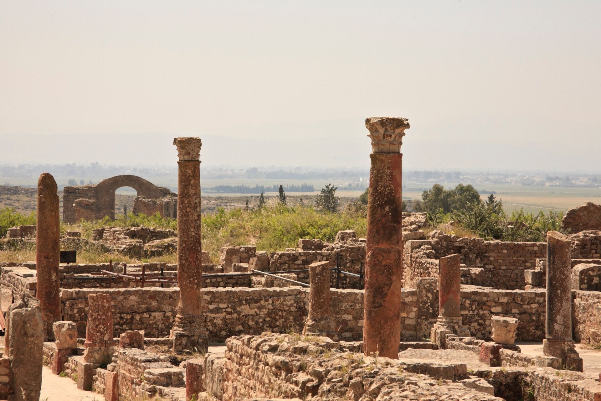 Antike Steinruinen mit verwitterten korinthischen Säulen und niedrigen Mauern, die eine dunstige grüne Landschaft überblicken.