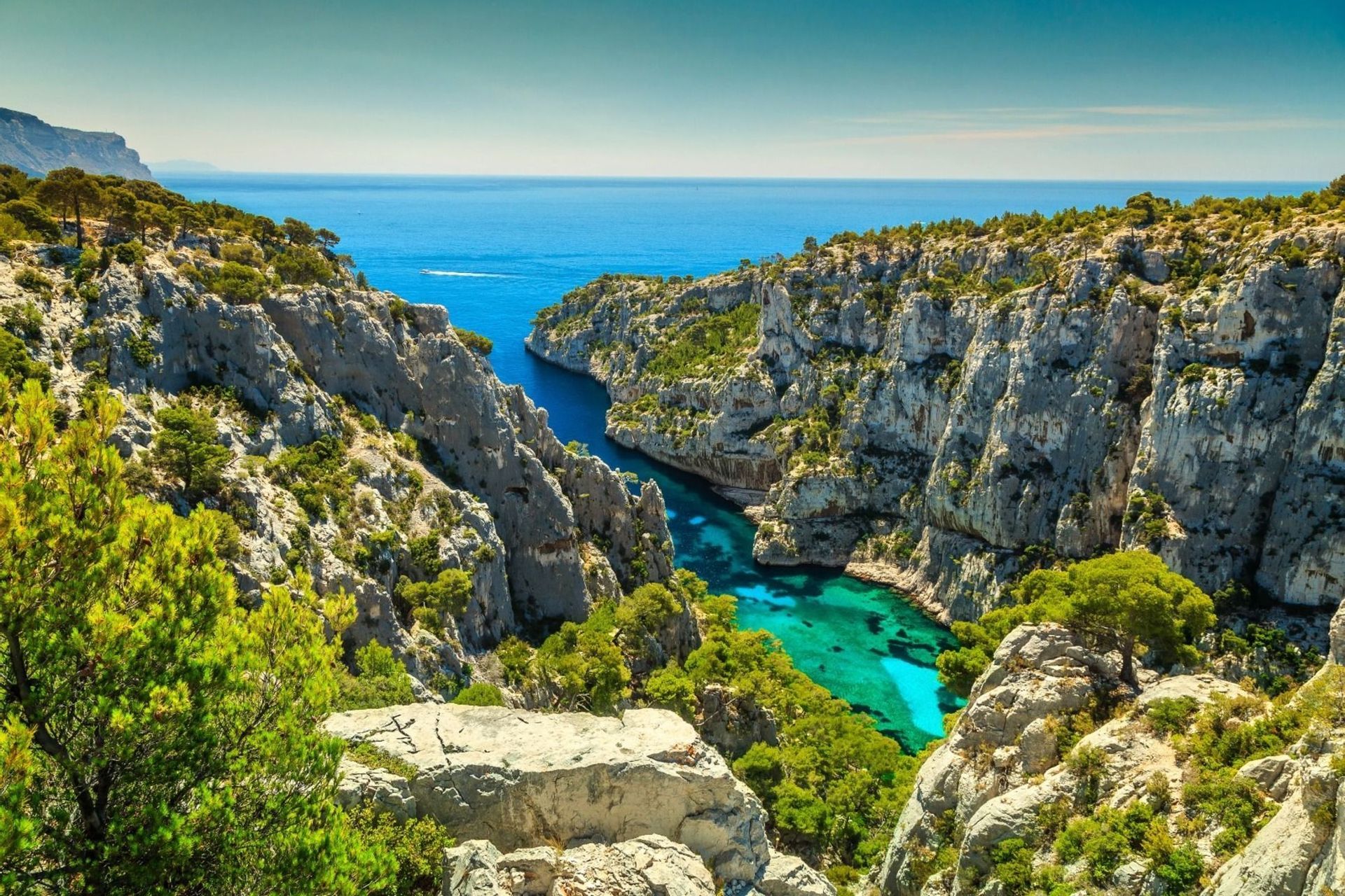 Una stretta insenatura con acqua turchese si insinua tra ripide scogliere rocciose costellate di alberi verdi, sfociando nel profondo mare blu.
