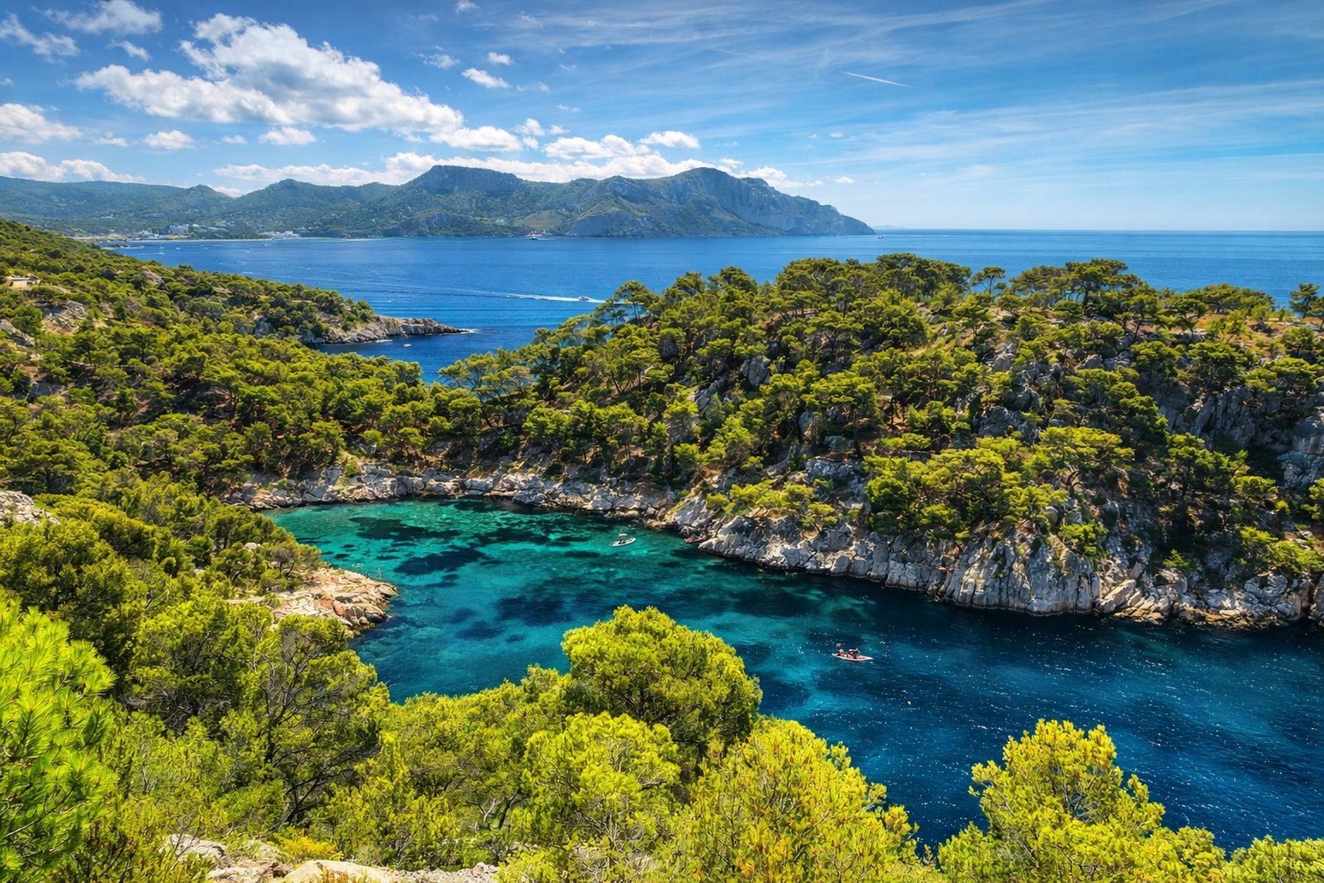 Una vista panoramica di una cala turchese circondata da pini verdi e coste rocciose, con montagne al di là del mare.