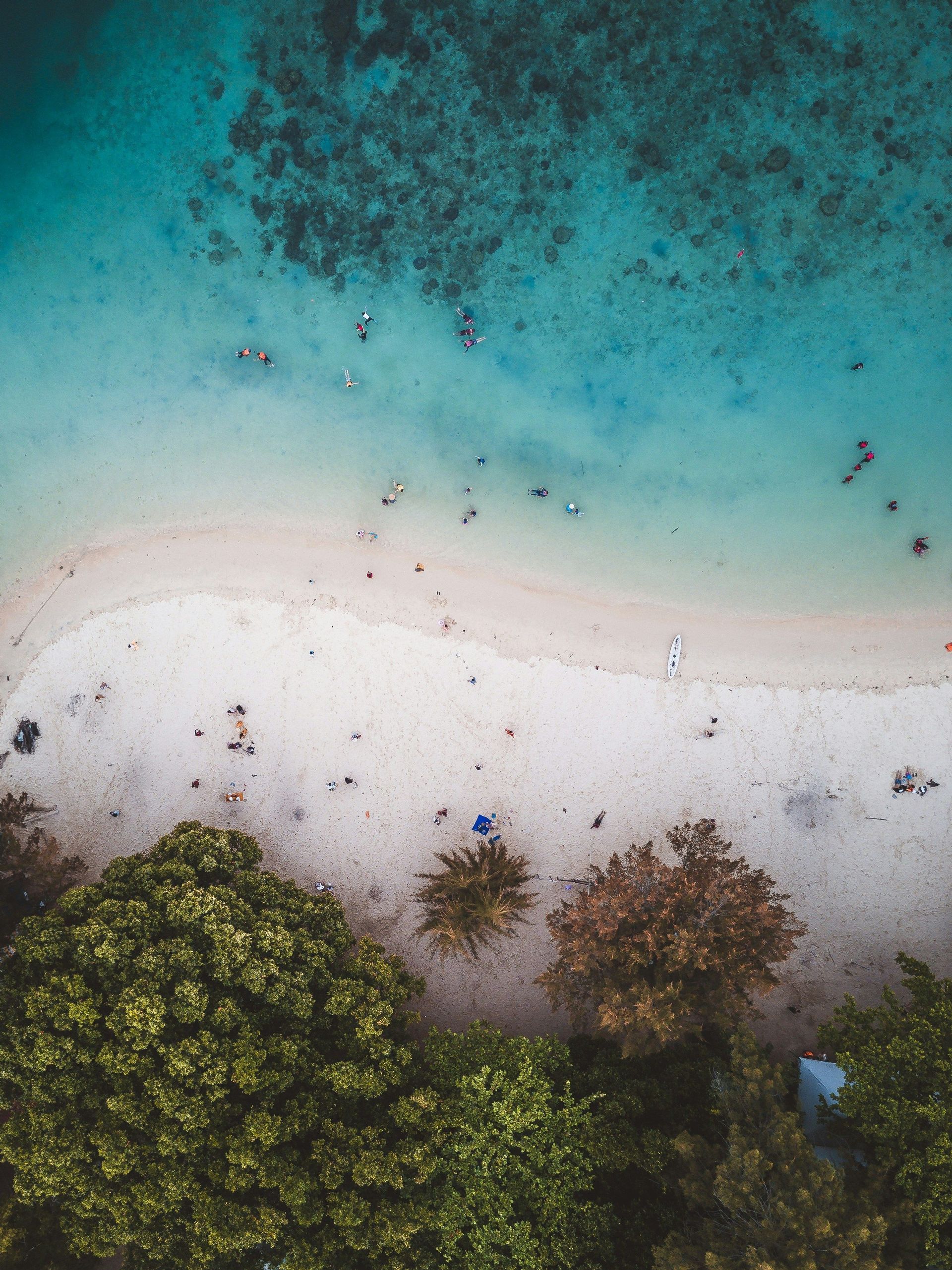 Vista aérea de personas nadando en agua turquesa cristalina y relajándose en una playa de arena blanca con árboles verdes.