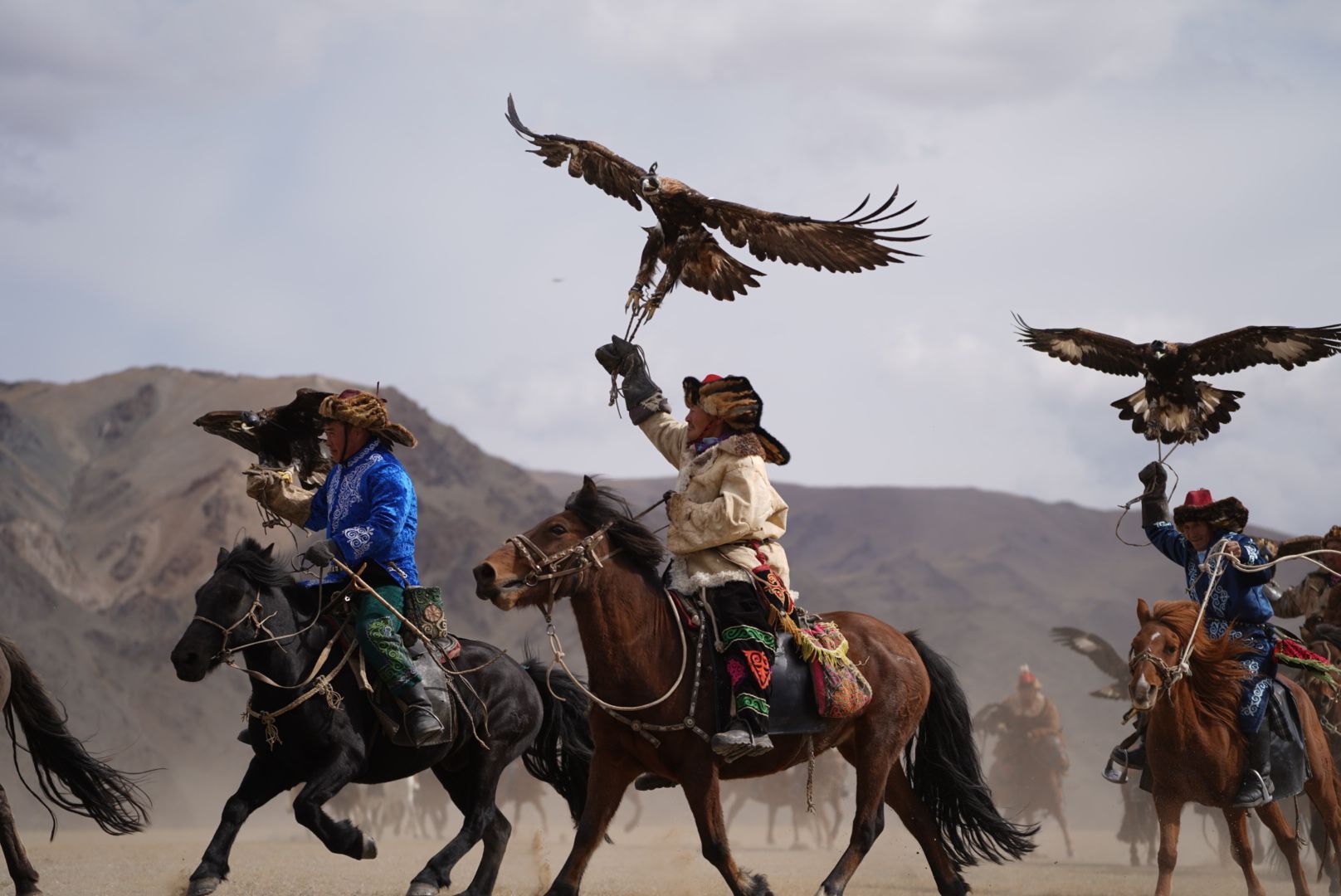 A group of eagle hunters in traditional clothing ride horses, holding golden eagles with their wings spread in a mountainous landscape.