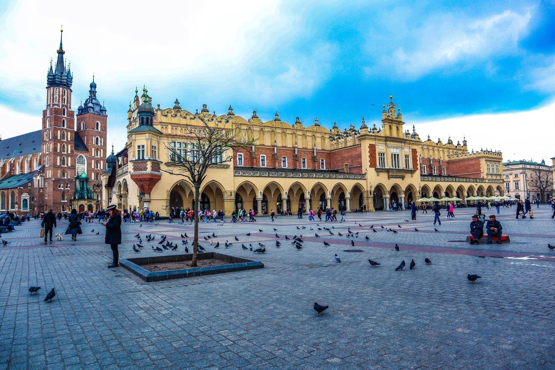 Una animada plaza histórica de la ciudad con gente y palomas en una plaza adoquinada frente a edificios antiguos y ornamentados.