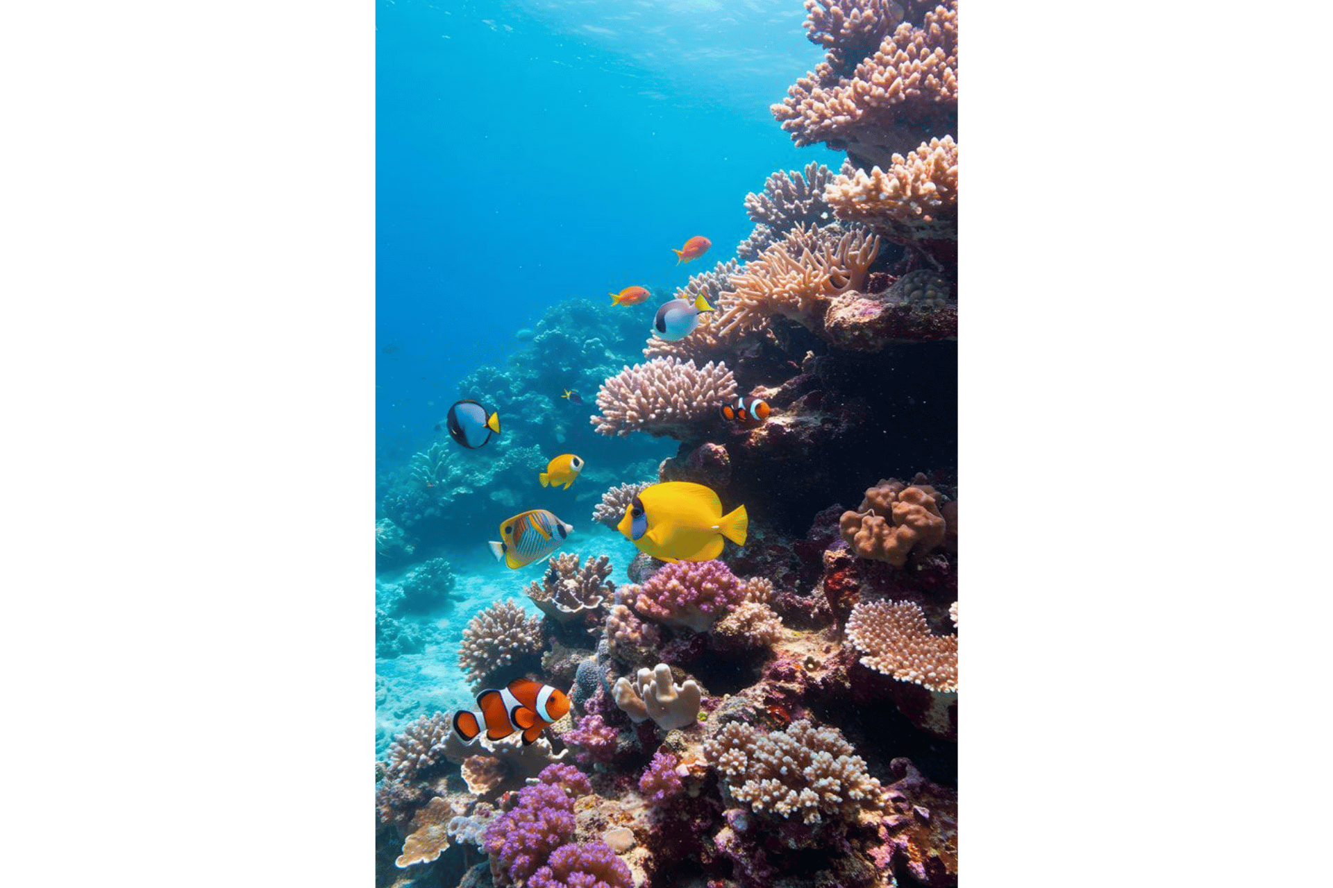 Molti pesci tropicali colorati, inclusi pesci pagliaccio e un pesce chirurgo giallo, nuotano intorno a una vivace barriera corallina in acqua cristallina e blu.