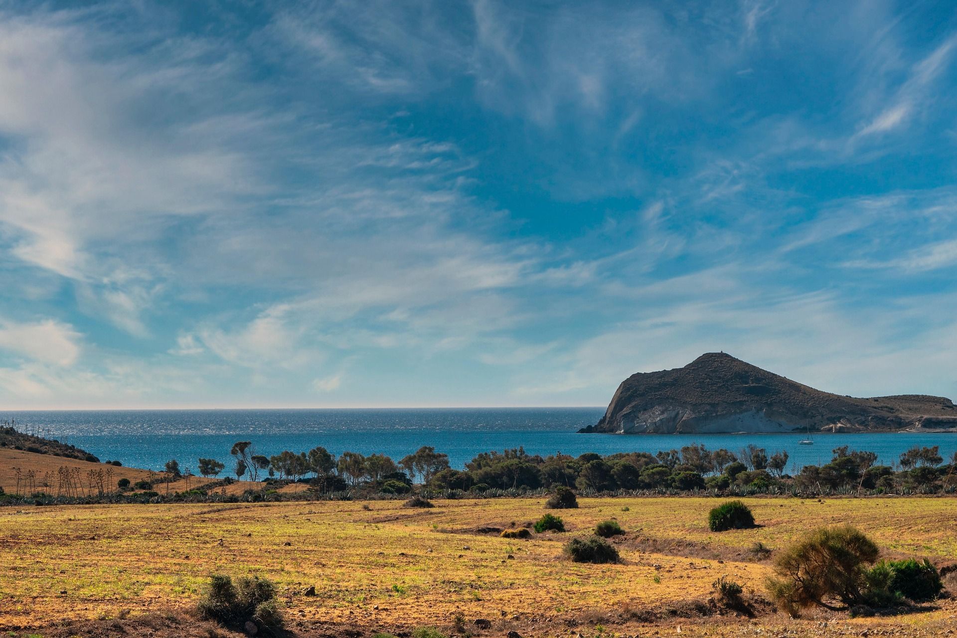 Un paesaggio costiero da un campo dorato che si affaccia sul mare blu, con una grande massa rocciosa in lontananza sotto un cielo nuvoloso.