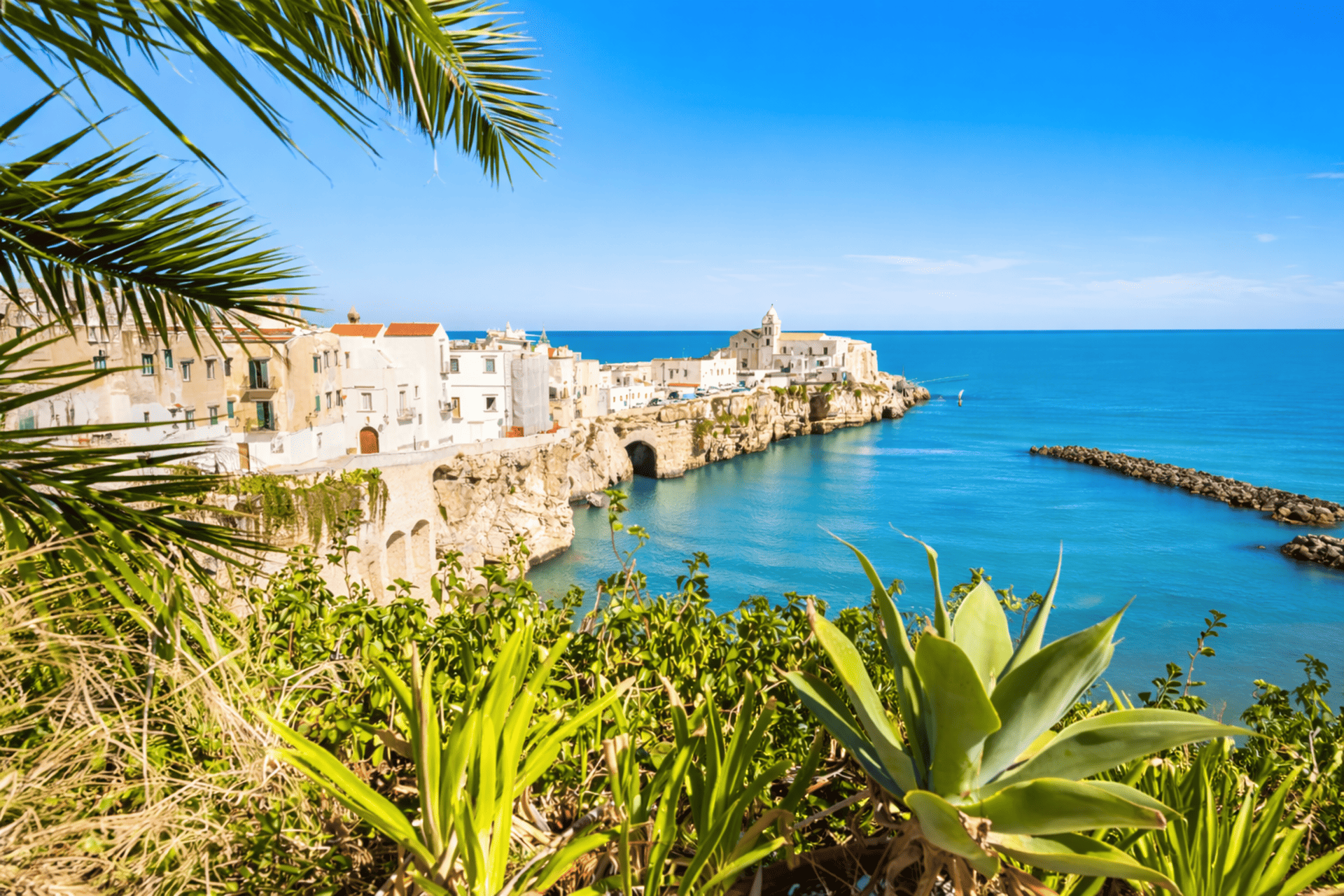 Una località costiera con edifici bianchi si adagia su scogliere rocciose a picco su un mare blu e calmo, con la vista incorniciata da verdeggiante fogliame e foglie di palma.