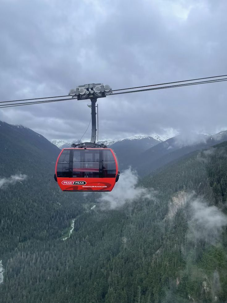 Una góndola roja Peak 2 Peak cuelga de cables muy por encima de un valle boscoso con montañas nevadas bajo un cielo nublado.