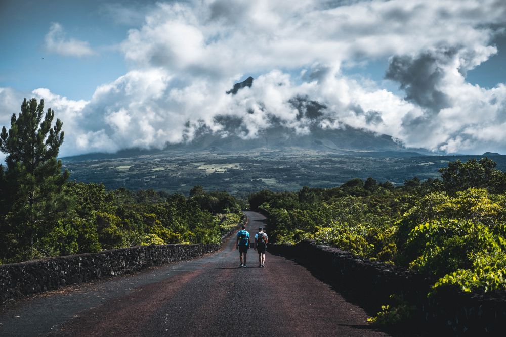 Zwei Männer mit Rucksäcken gehen eine Straße entlang durch einen üppigen grünen Wald auf einen großen, wolkenverhangenen Berg in der Ferne zu.