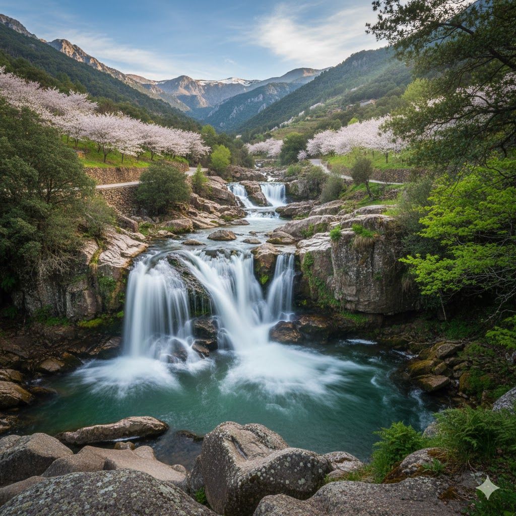 Una cascada escalonada se precipita sobre rocas hacia una poza turquesa en un valle de montaña adornado con árboles de flores rosas.